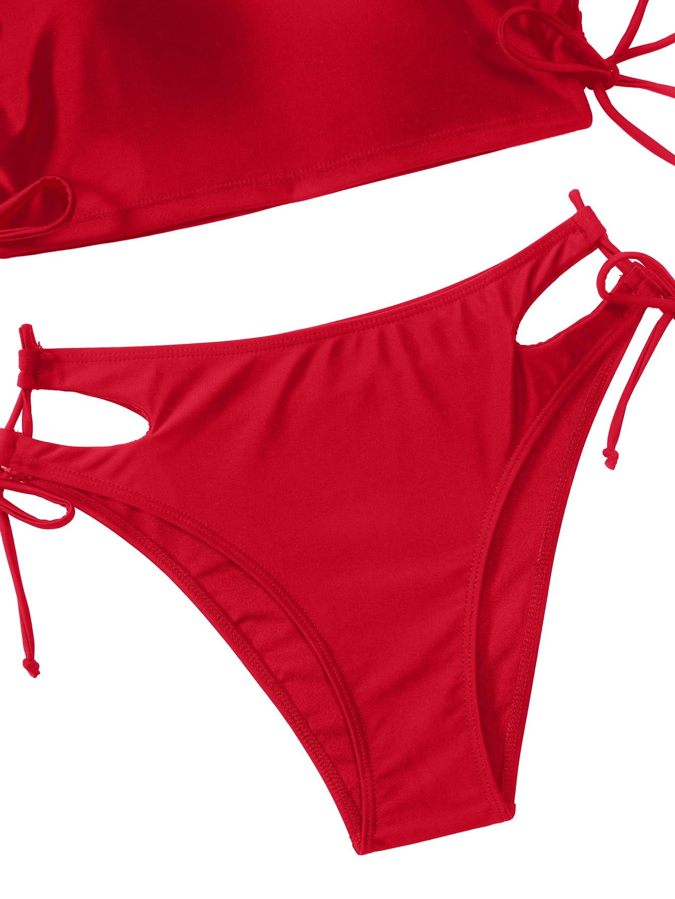 Lilosy Drawstring Bikini Set Srting Swimsuit Short Sleeve Top and Tie Side Bottom 2 Piece Women Bathing Suit Red Medium