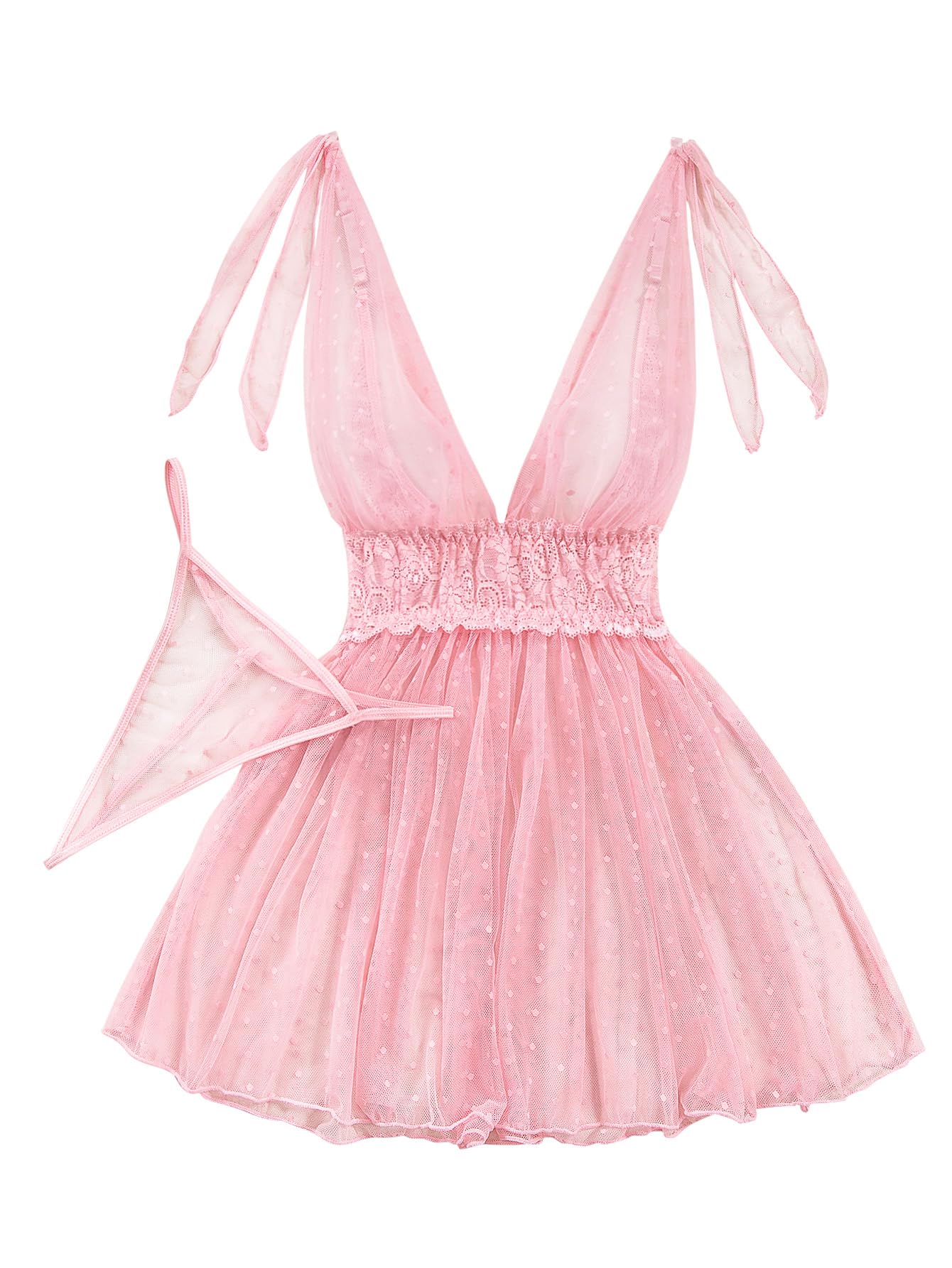 Lilosy Sexy Polka Dots Mesh Sheer Babydoll Chemise Lingerie Set Floral Lace Sleep Wear Women Deep V Slip Night Dress Nighty Negligee Gown With Thong 2 Piece Pink Medium