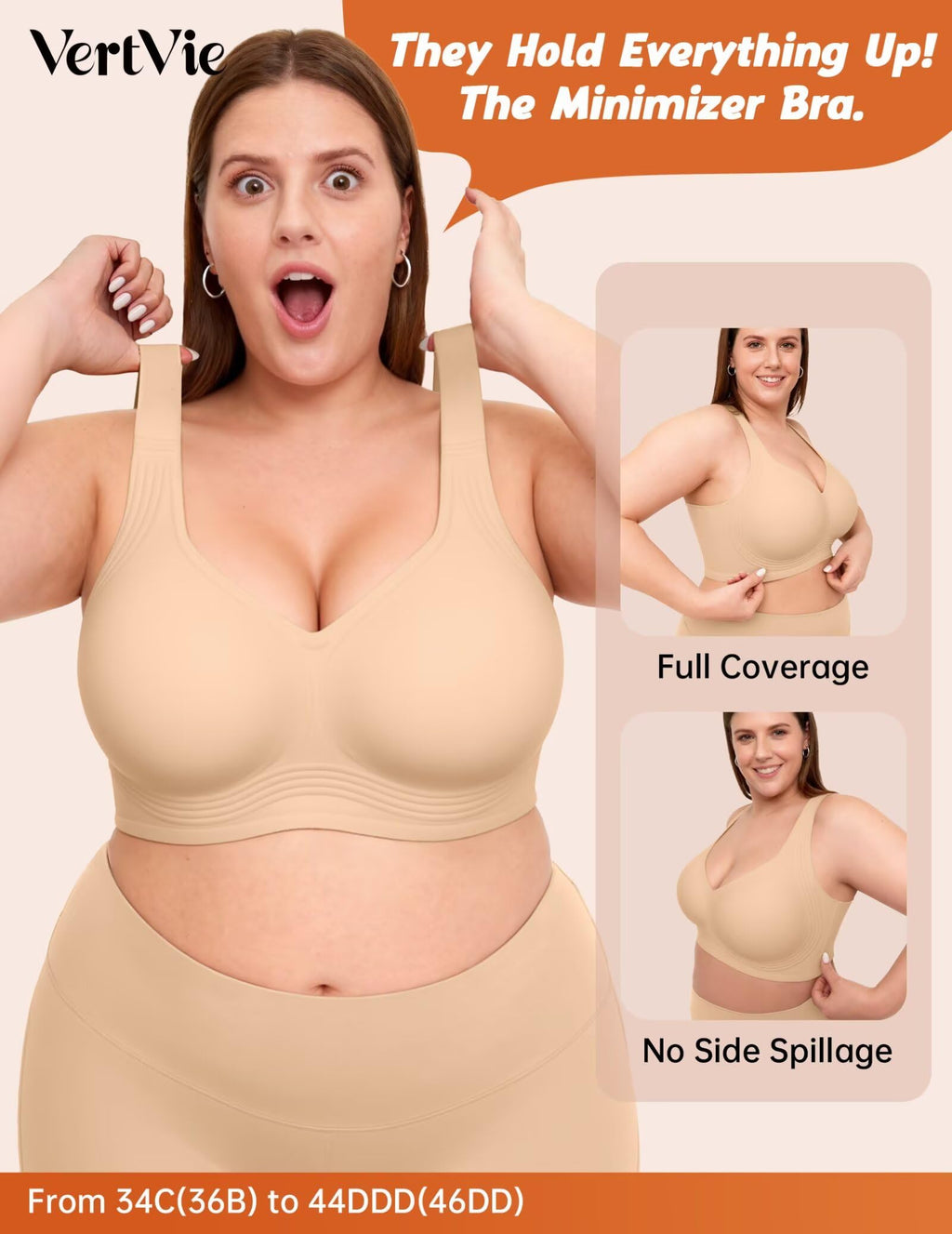 Vertvie Jelly Bras for Women Plus Size Minimizer Soft Wireless Push Up Bra Full Supportive Older Lift Back Coverage Bralette(Skin,38DDD)