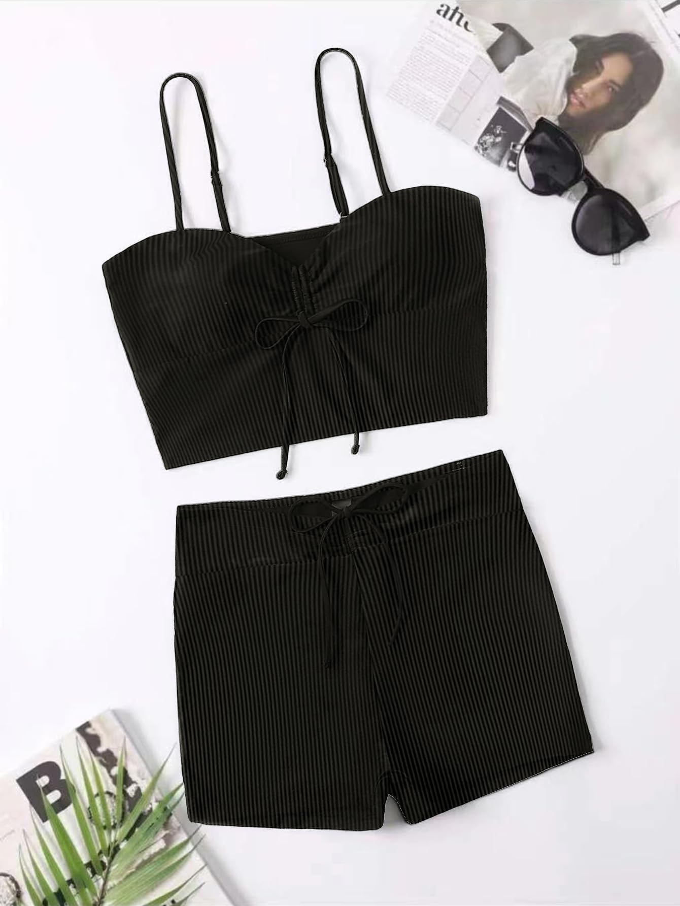 Lilosy Tummy Control Drawstring High Waisted Bikini Set String Swimsuit Spaghetti Strap Cami Top and Tie Side Shorts 2 Piece Women Bathing Suit Pinstripe Black Small