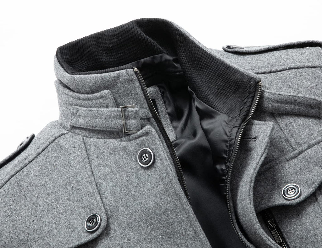 chouyatou Men's Winter Stylish Wool Blend Single Breasted Military Peacoat (Small, Solid-Grey)