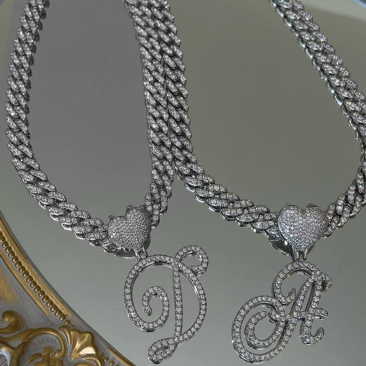 BLBLJERY X Initial Necklaces Silver Cuban Link Chain for Women Iced Out Chain with Heart Letter Pendants Custom Chain Name Necklace Hip Hop Jewelry Gift
