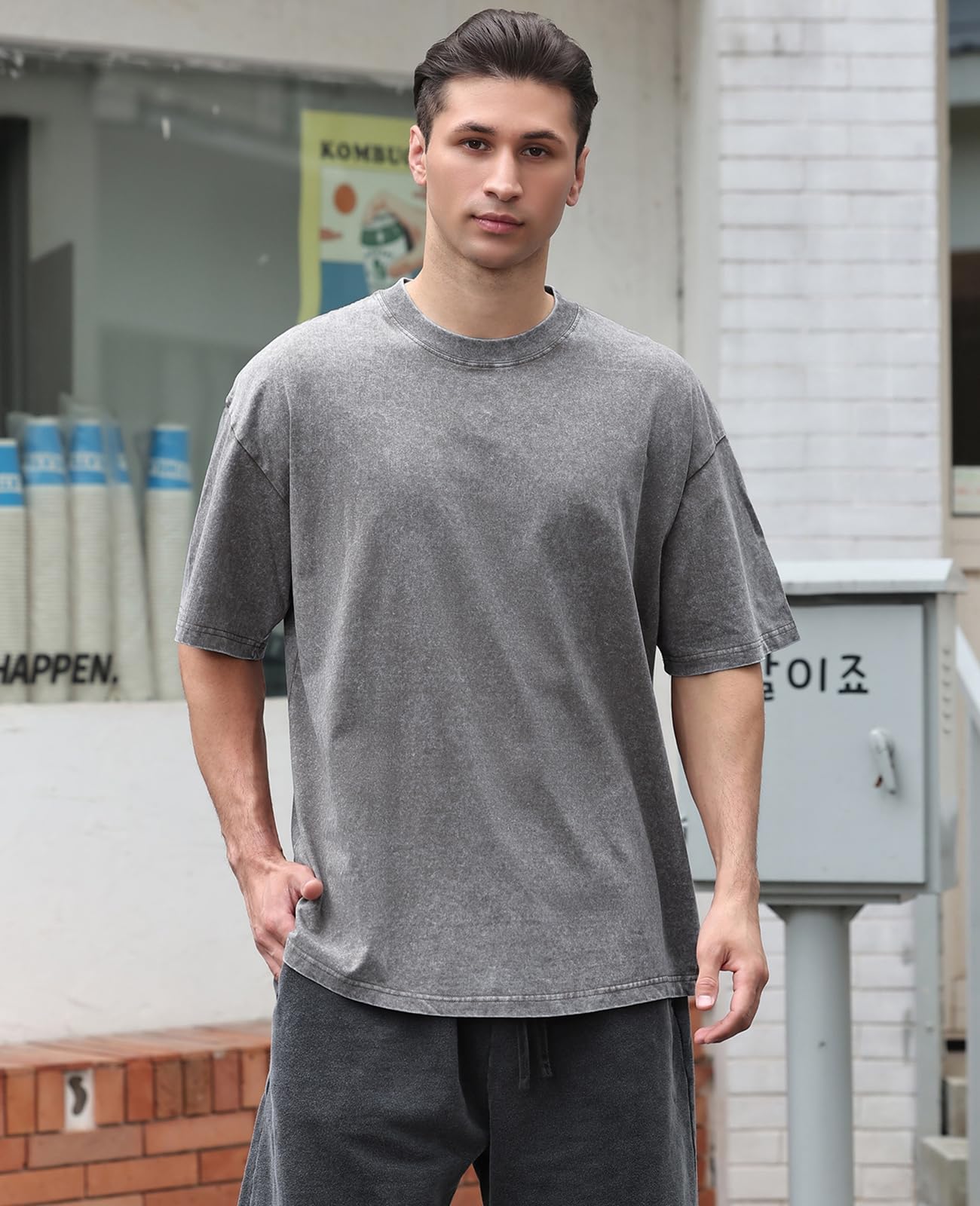3 Pcs Oversized Heavy Cotton Summer T-Shirts Vintage Unisex Short Sleeves Casual Loose Basic Tops(A-Coffee+Grey+Black L)