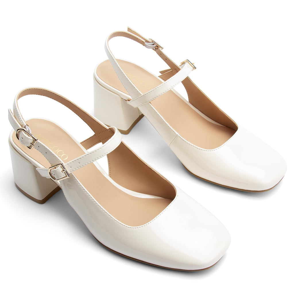 AprCoco Womens Mary Jane Chunky Low Heels Pumps Square Toe Buckle Strap Wedding Party Dress Shoes,Size 06，Beige