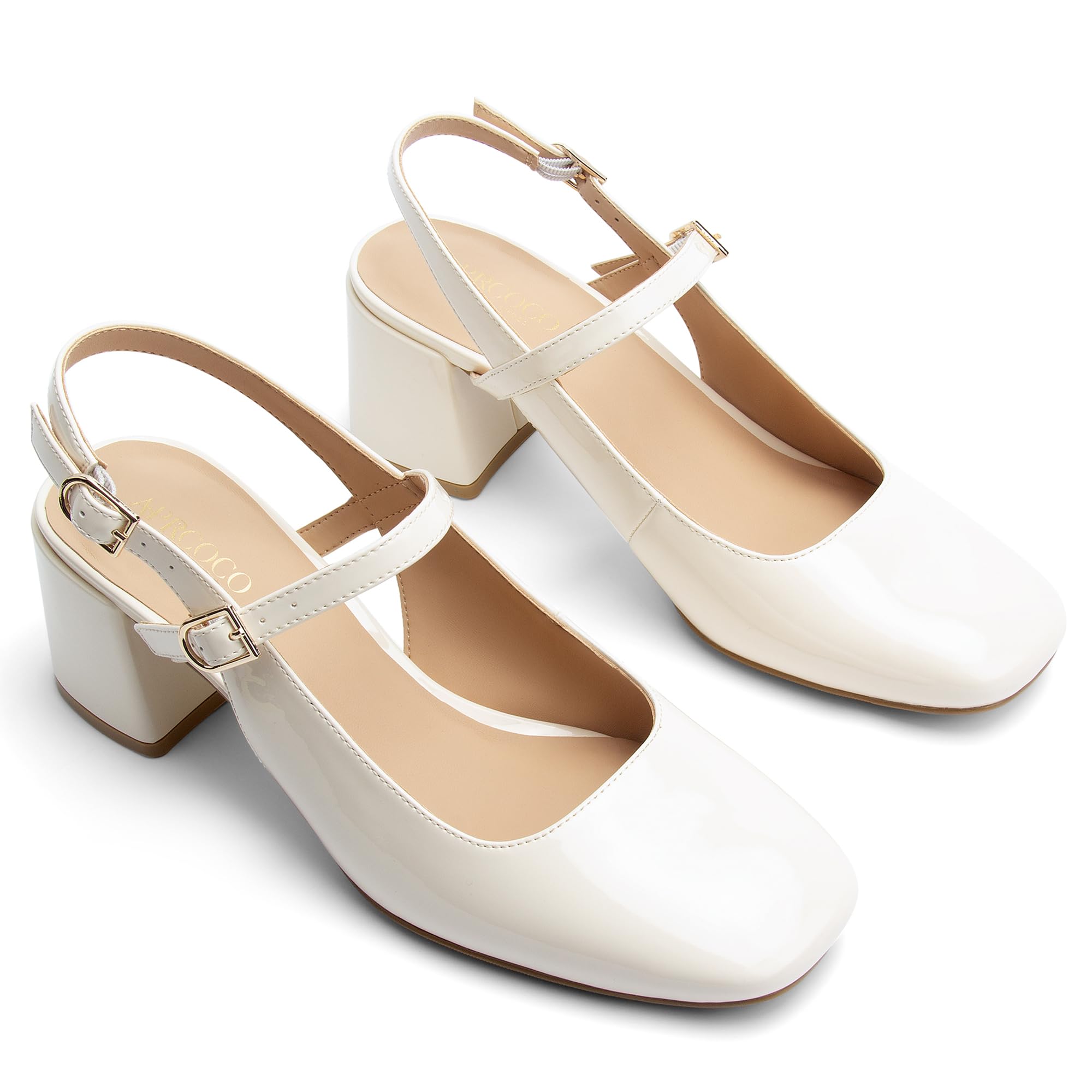 AprCoco Womens Mary Jane Chunky Low Heels Pumps Square Toe Buckle Strap Wedding Party Dress Shoes,Size 06，Beige
