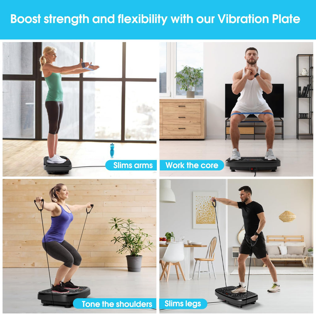 SoftGym Vibration Plate Exercise Machine for Lymphatic Drainage,Power Vibrate Stand Shake Board 450 Lbs Capacity Whole Body Workout Waver with Resistance Bands Weight Loss Gifts for Women Men-Black