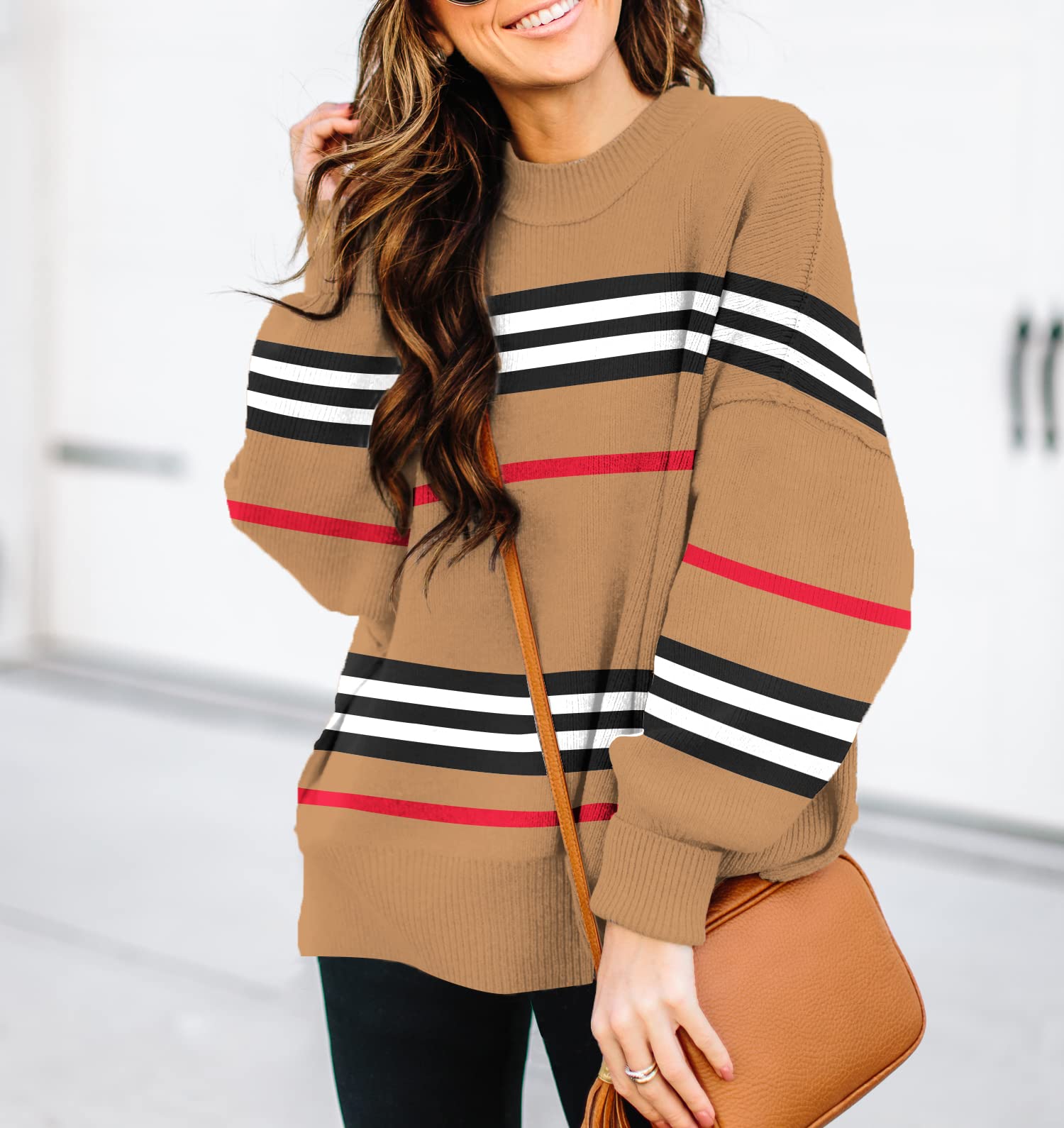ETCYY Womens Sweaters Fall 2026 Batwing Long Sleeve Side Slit Knit Tops Crew Neck Striped Oversized Sweater Pullover,A Color Brown,Medium