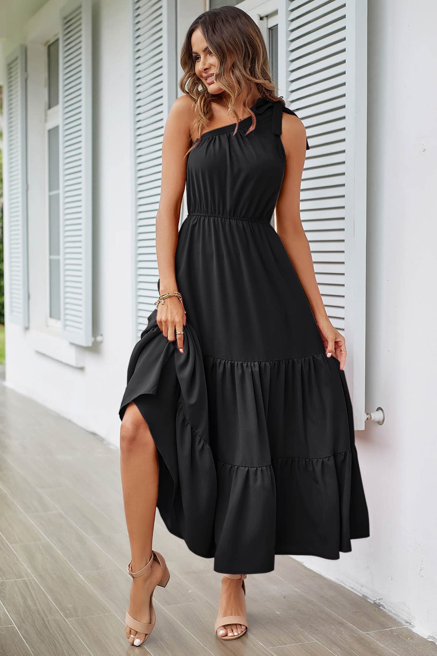 PRETTYGARDEN Women's Summer Floral Maxi Dress Knot One Shoulder Sleeveless Ruffle Flowy Boho Beach Wedding Guest Dresses (Solid Black,XX-Large)