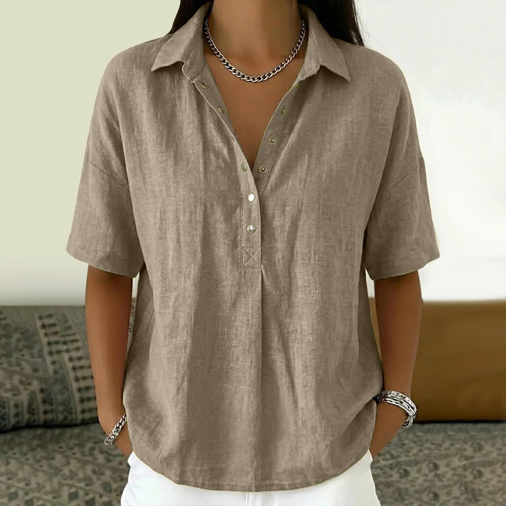 Womens Linen Shirt, Womens Cotton Summer Tops, Women's Cotton Linen Shirt Short Sleeve Button Down Blouse Loose Fit Casual Gauze Top Beach Office Tee Shirt Coffee L