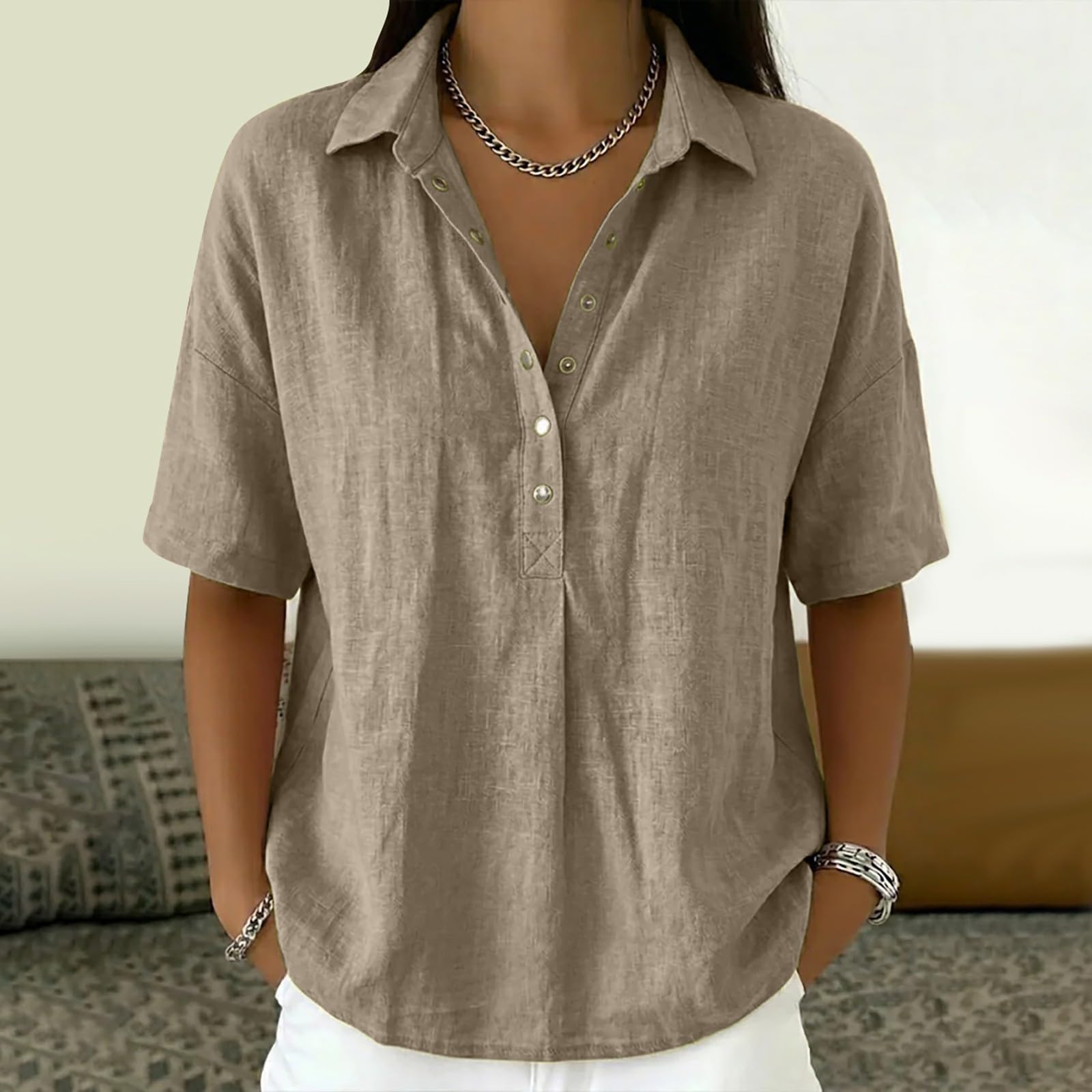 Womens Linen Shirt, Womens Cotton Summer Tops, Women's Cotton Linen Shirt Short Sleeve Button Down Blouse Loose Fit Casual Gauze Top Beach Office Tee Shirt Coffee L