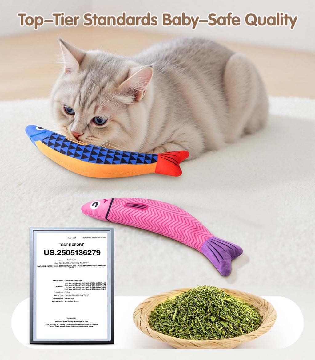 PetBusy Cat Toys with[5000mg A+Natural Catnip &Silvervine] [Baby Grade] Interactive Soft Chew Kicker Cat Toys for Indoor Cats & Kittens, [Crinkle &Bell] Fish Sound Toy, Drives Bored Cat Crazy with Fun
