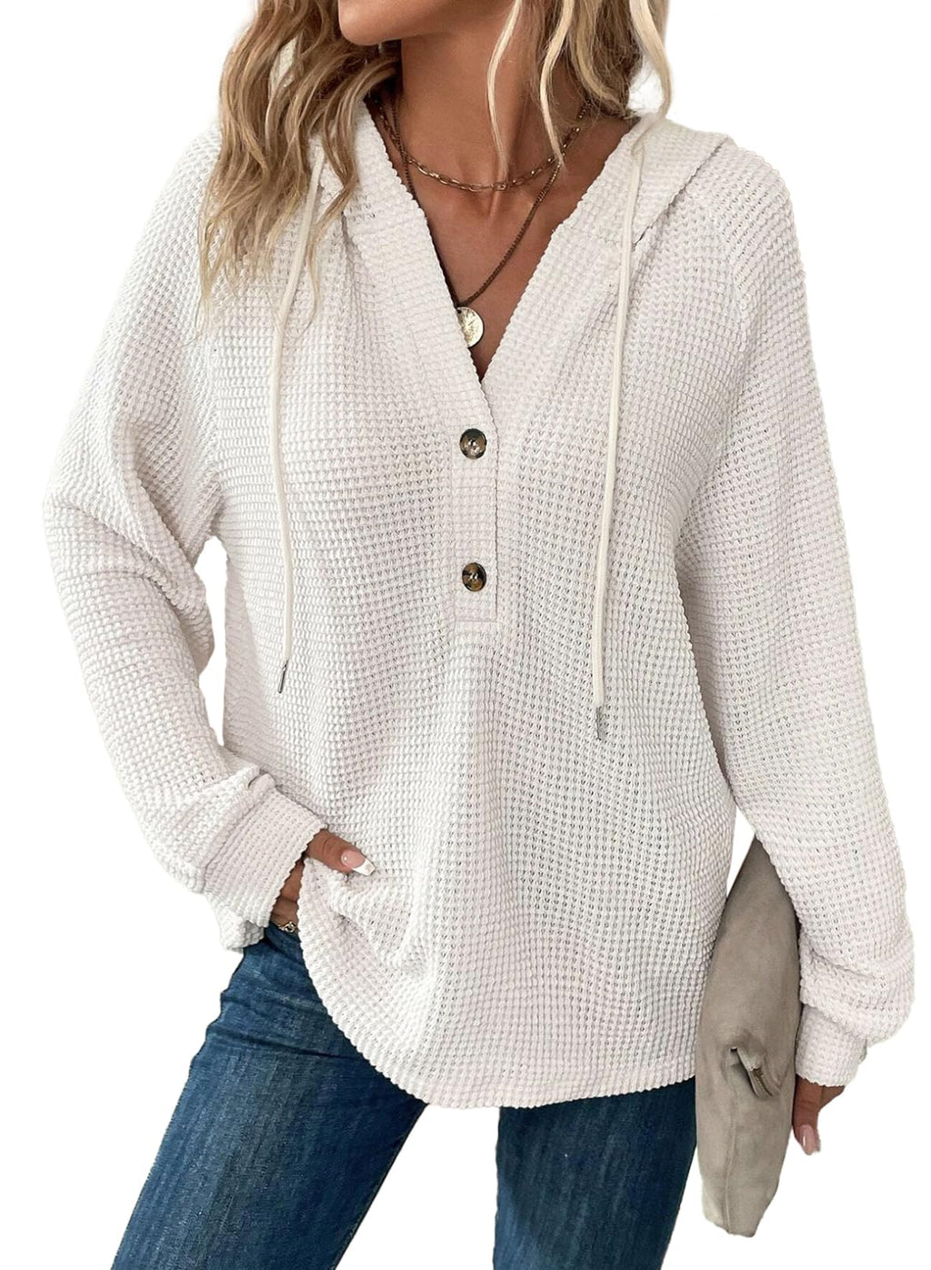 Dokotoo Hoodies for Women Oversized Waffle Knit Sweaters Shirts Drawstring Button V Neck Long Sleeve Casual Lightweight Sweatshirt Hooded Tops Fall Fashion Outfits Winter Clothing 2025 White X-Large