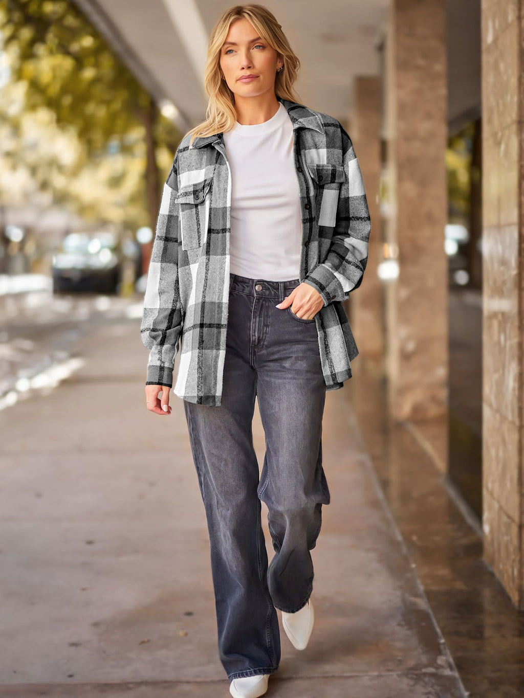 AUTOMET Shackets for Women Plaid Flannel Shirts Grey