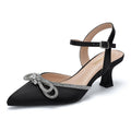 DOBOLIN Wide Width Black Kitten Heels Closed Toe Pumps for Women Rhinestone Bow Ankle Strap Wedding Bridal Party Office Daily Shoes, US Size 6