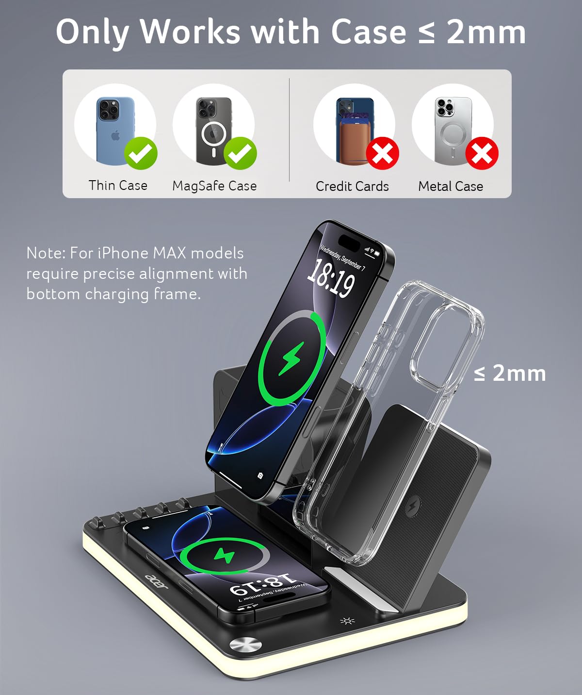 acer 7-in-1 Wireless Charging Station: Charger Stand for Multiple Devices for Apple - iPhone 16 15 14 13 12 Pro Max Apple Watch Airpods, Wireless Charger iPhone Charging Station with Bluetooth TimeSyn