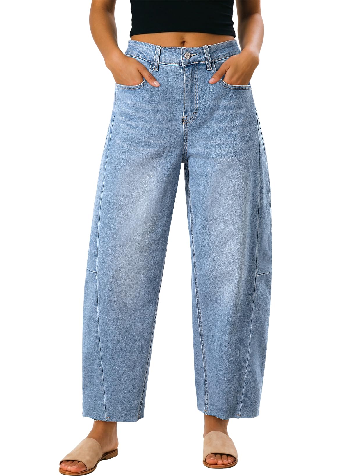 Dokotoo Women's Fashion Barrel Jeans Baggy Wide Leg Jeans Woman Casual Loose Solid Stretchy High Waisted Denim Pants with Pockets Lightweight Cotton Raw Edge Hem Button Closure Trousers Blue Size 10