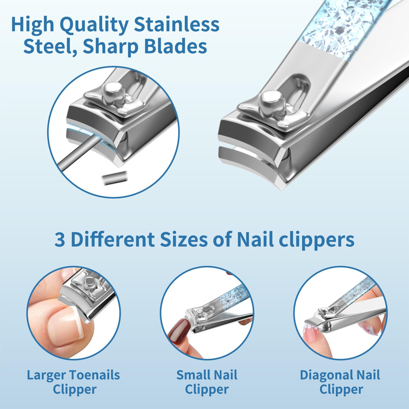 OFIDUS Nail Clippers Set, Finger and Toenail Clippers, Professional Manicure and Pedicure Set, 18 Pieces, Nail Care Tools with Luxury Travel Case (Diamond Blue)