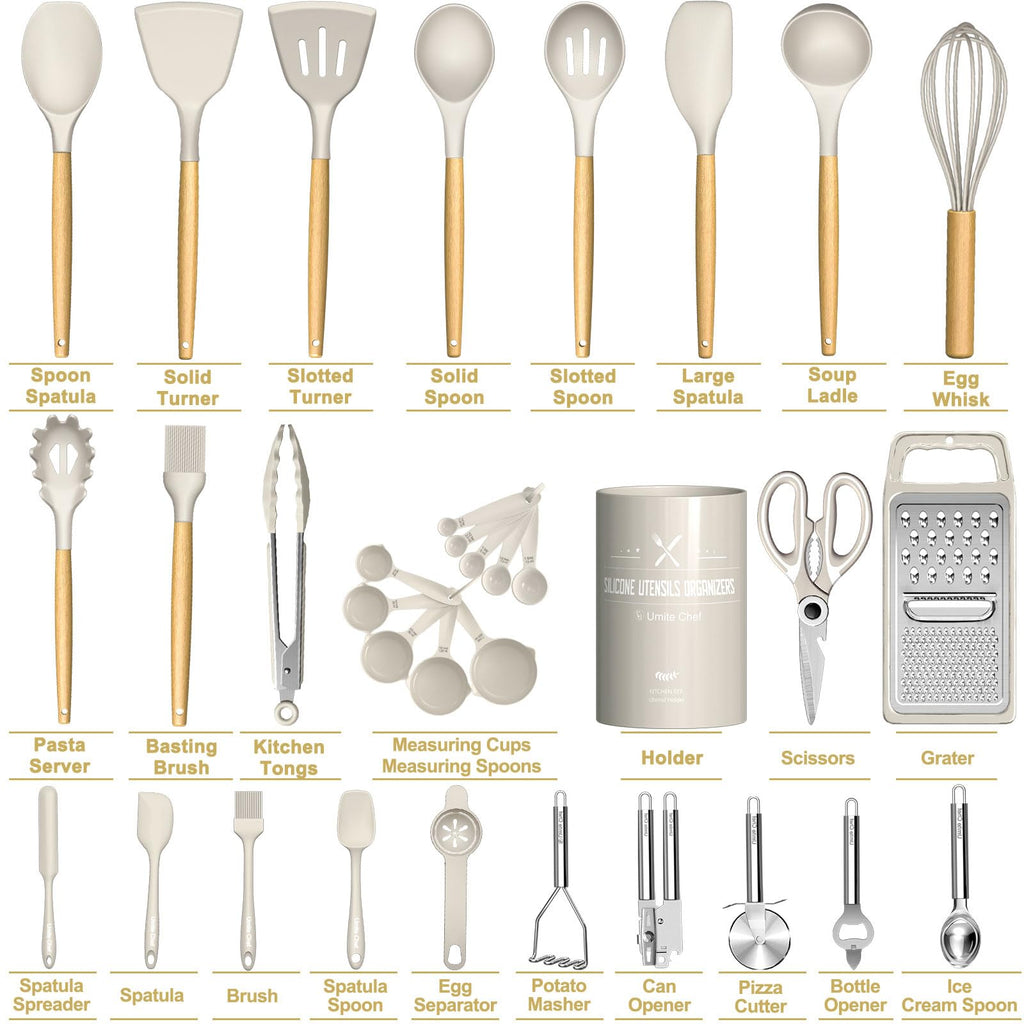 Cooking Utensils Set- Umite Chef Khaki Silicone Kitchen Utensils Set, 34PCS Heat Resistant Kitchen Gadgets Tools Set with Grater, Wooden Handle Kitchen Spatula Set for Nonstick Cookware