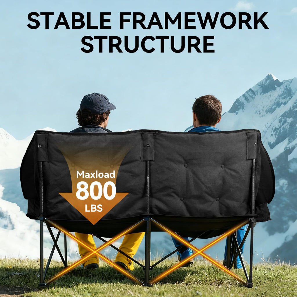 Huskfirm Double Camping Chair Padded Camping Chairs Heavy Duty 2 Person Camping Chair Oversized Loveseat Camping Chair with Cup Holders Camping Couch Support 800LBS,Black