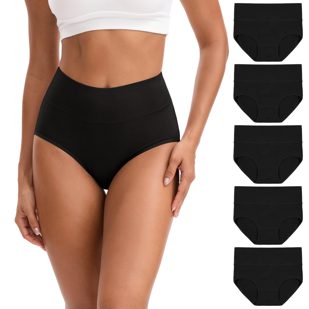 INNERSY Women's High Waisted Underwear Cotton Panties Regular & Plus Size 5-Pack(L,5 Black)