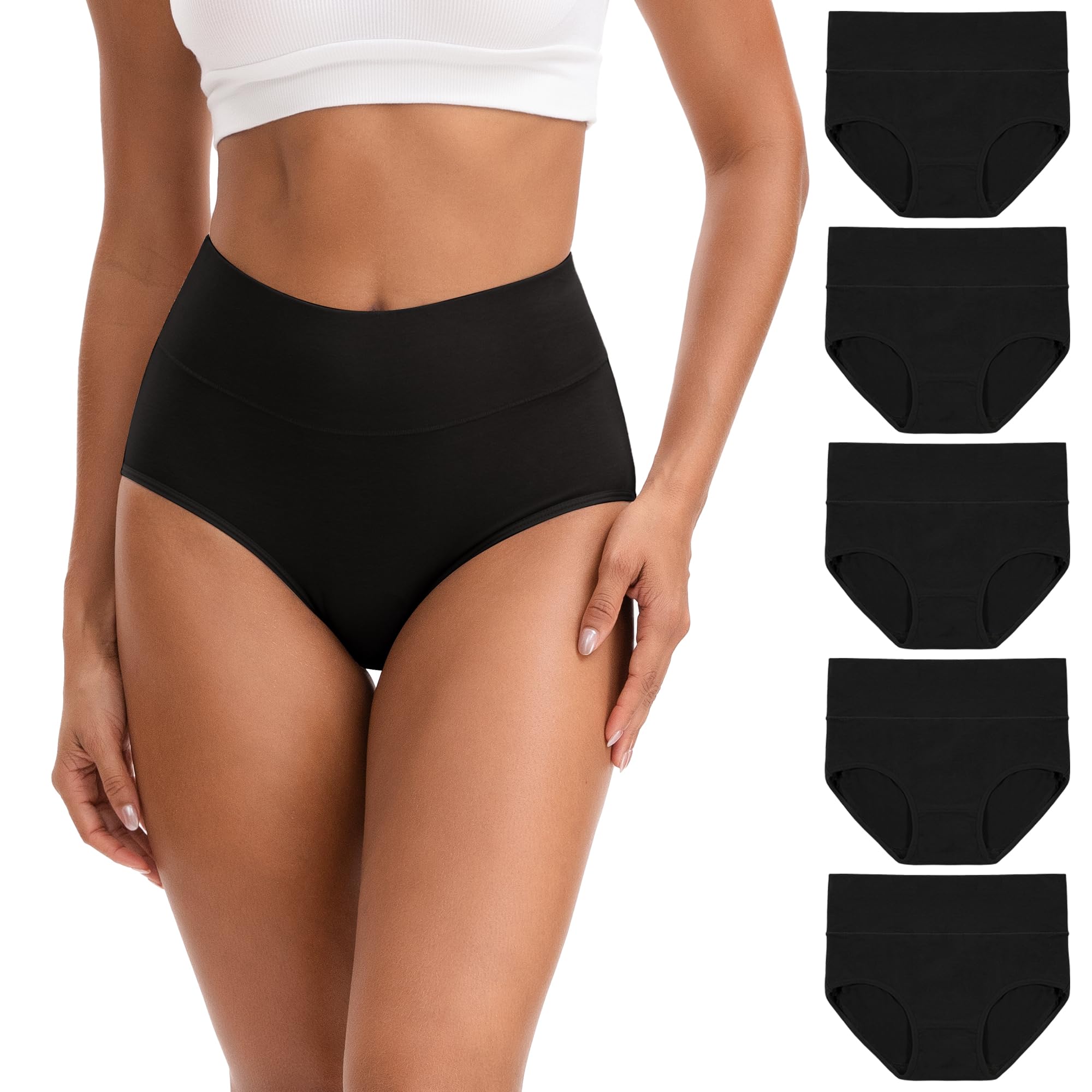 INNERSY Women's High Waisted Underwear Cotton Panties Regular & Plus Size 5-Pack(L,5 Black)