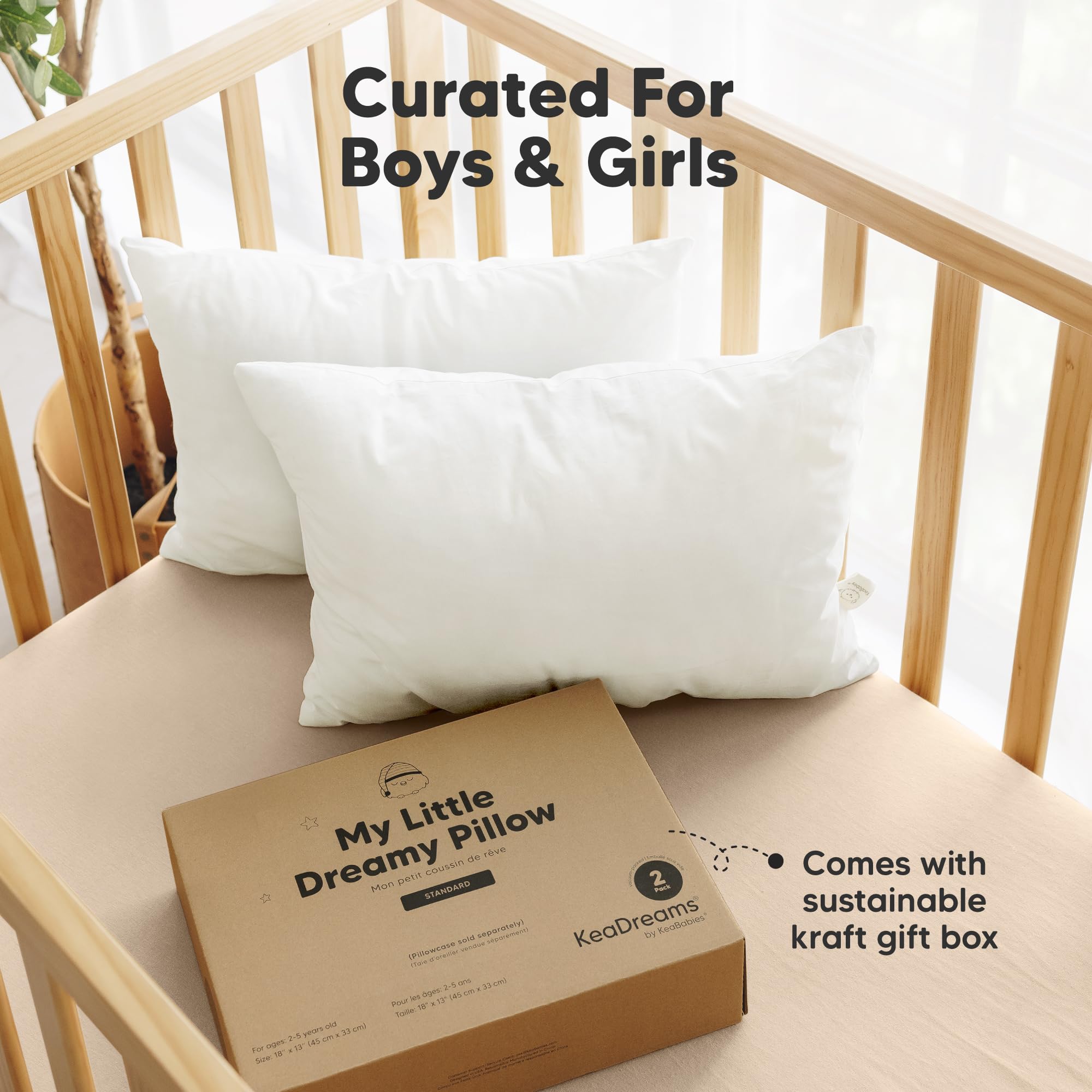 KeaBabies 2-Pack Toddler Pillows 2 Year Old to 5-13x18 Soft Organic Cotton Kids Pillow for Sleeping, Travel, School, Daycare, Nap, Toddler Bed, Machine Washable, Without Pillowcase (Soft White)