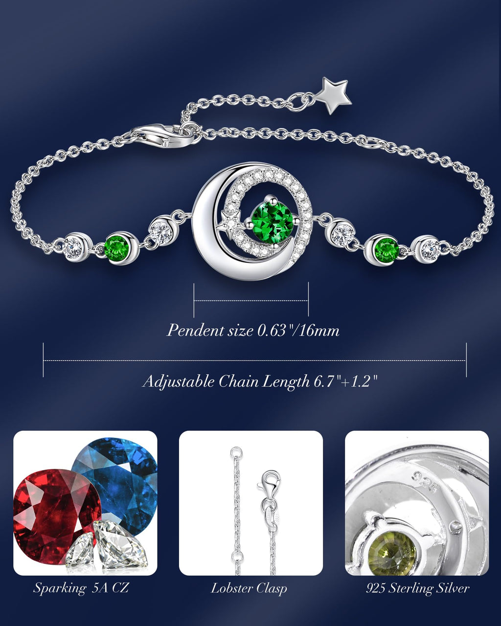 FANCIME Emerald Bracelet May Birthstone Bracelets for Women Sterling Silver Moon and Star Green Gemstone Jewelry Birthday Graduation Mothers Day Gifts for Women Mom Her