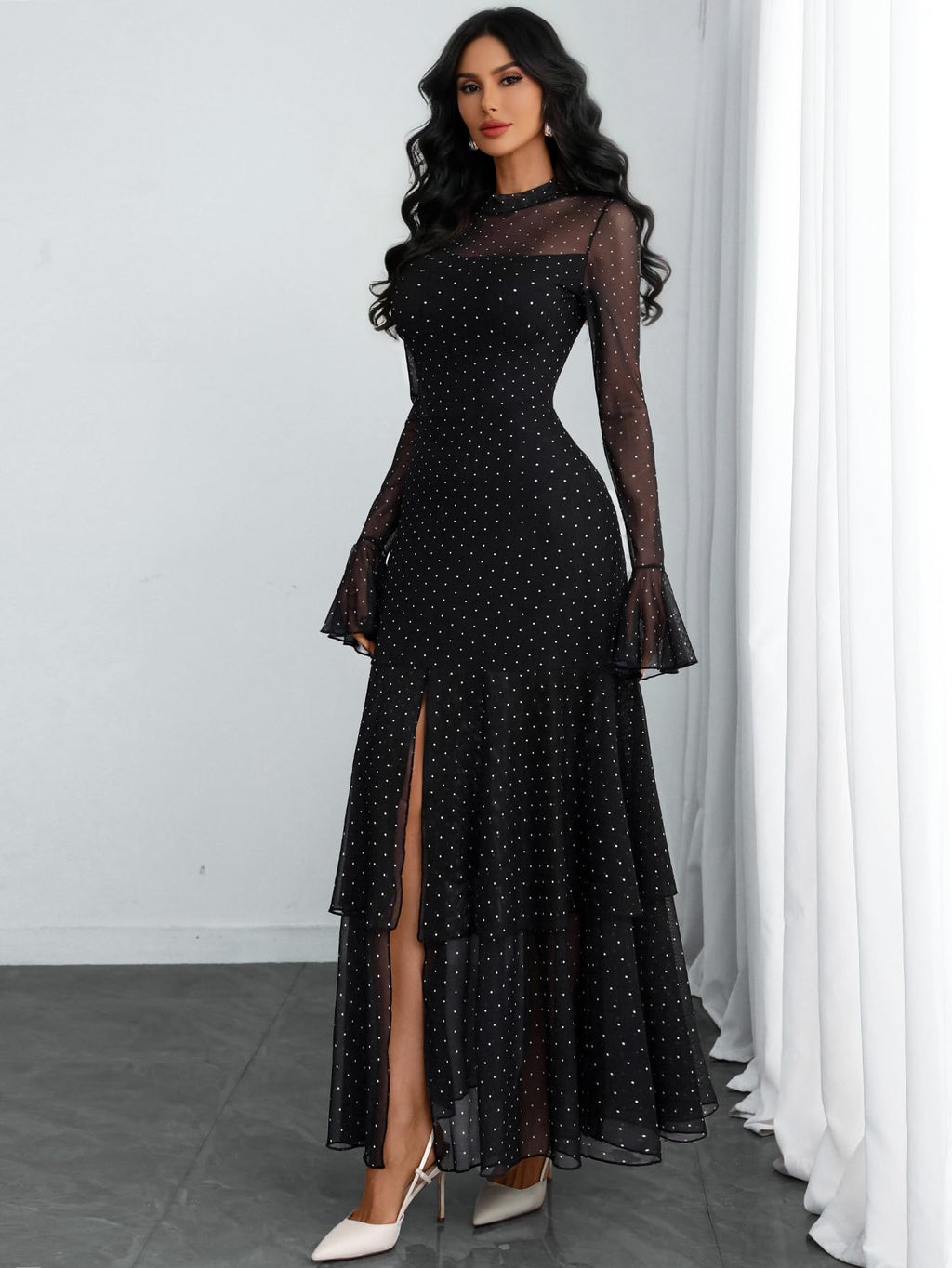 GothDark Womens Elegant Polka Dot Mesh Long Sleeve Dress Bell Sleeve Layered Ruffle Split Formal Wedding Guest Dresses