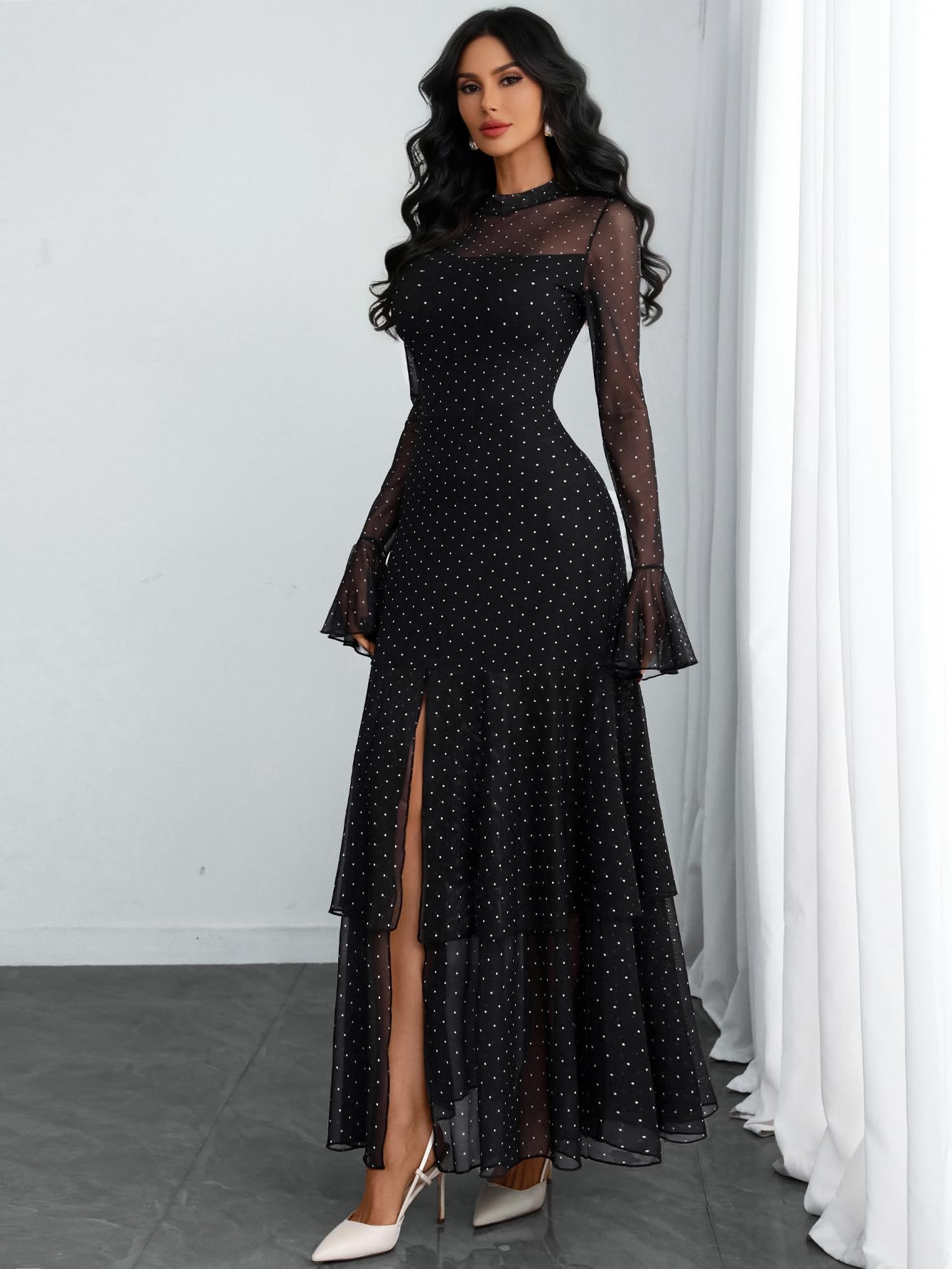 GothDark Womens Elegant Polka Dot Mesh Long Sleeve Dress Bell Sleeve Layered Ruffle Split Formal Wedding Guest Dresses