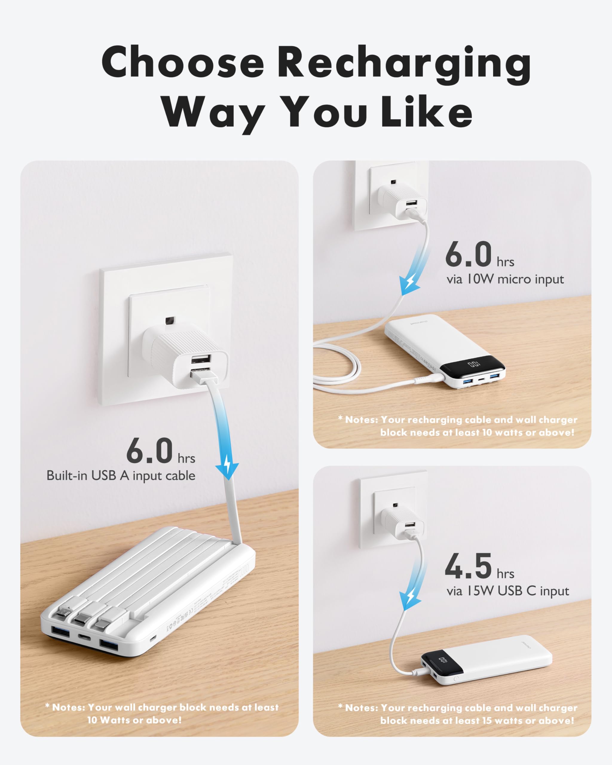 charmast Portable Charger with Reinforced Built-in 4 Cables,10000mAh Power Bank Travel Essentials 6 Outputs 3 Inputs 3A Fast Charging Compatible with iPhone iPad Samsung Google Pixel LG Moto etc.