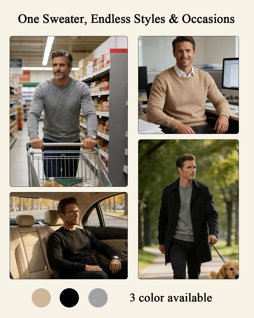 Men’s Daily Cashmere Sweater – 100% Pure Cashmere Crew Neck Pullover, Soft Lightweight Knit (US, Alpha, Medium, Regular, Regular, Grey)