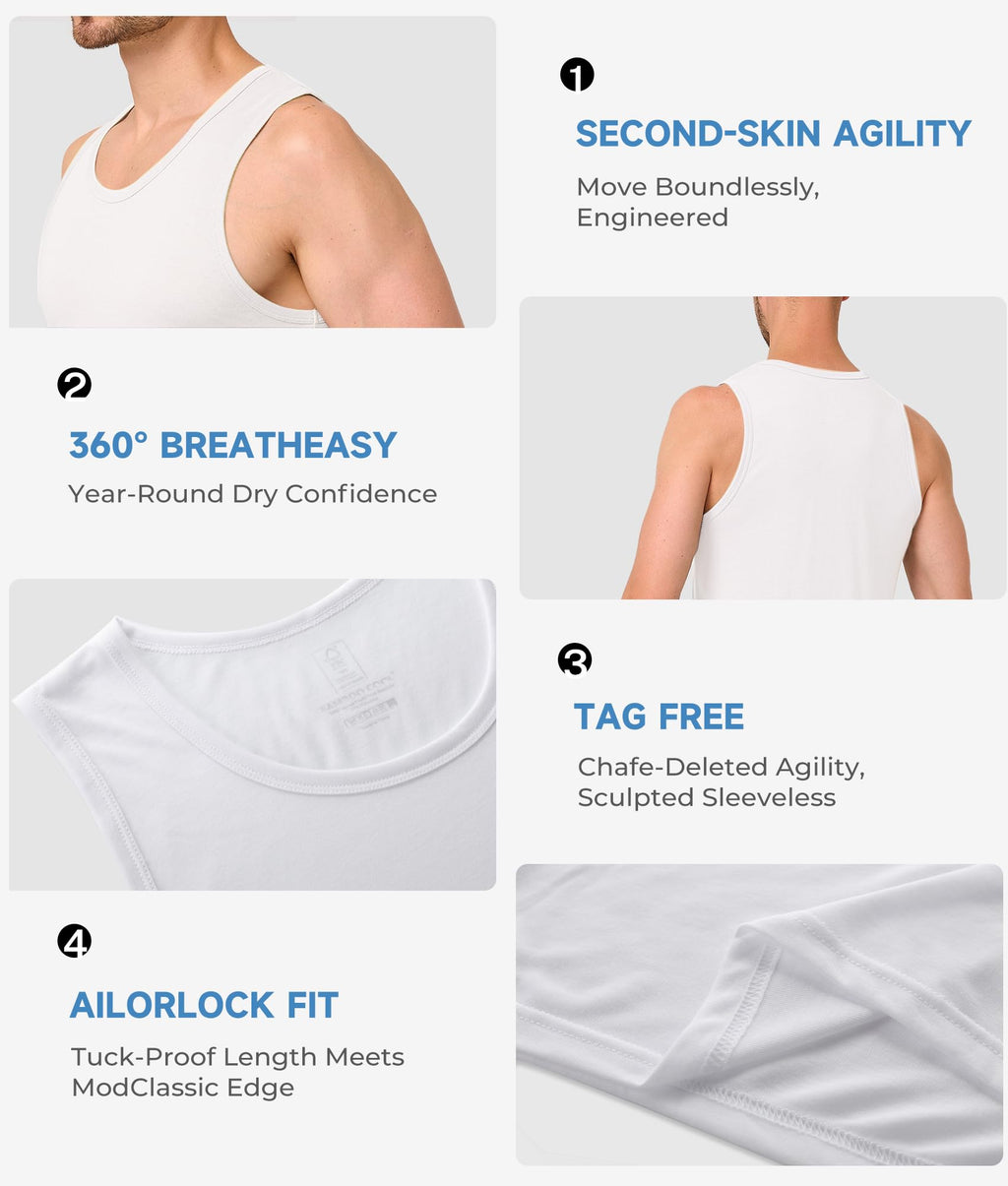 BAMBOO COOL Men's Tank Top White Undershirts Moisture Wicking Breathable, Fitted Ruglar Fit T Shirts for Men 3 Pack
