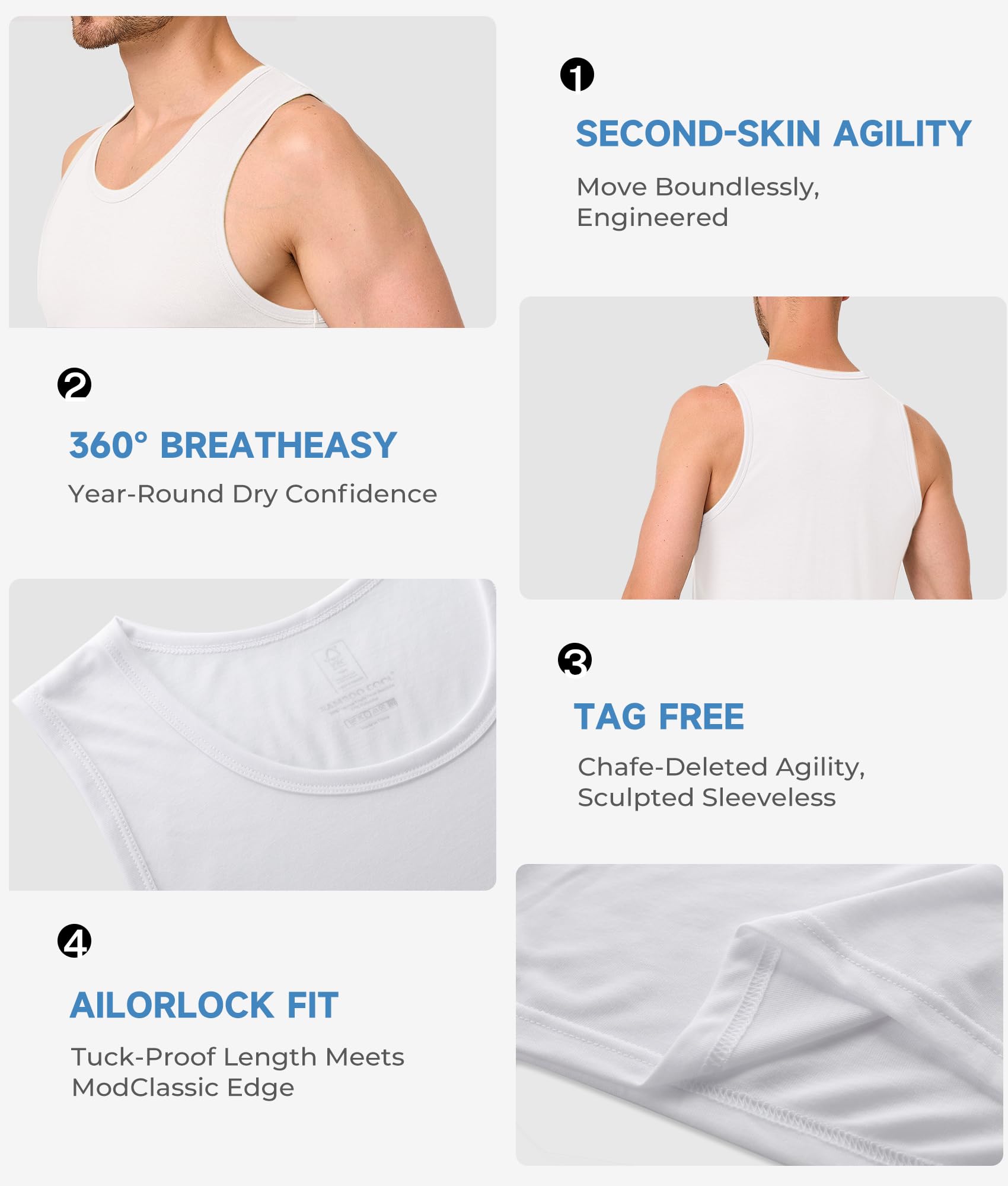 BAMBOO COOL Men's Tank Top White Undershirts Moisture Wicking Breathable, Fitted Ruglar Fit T Shirts for Men 3 Pack