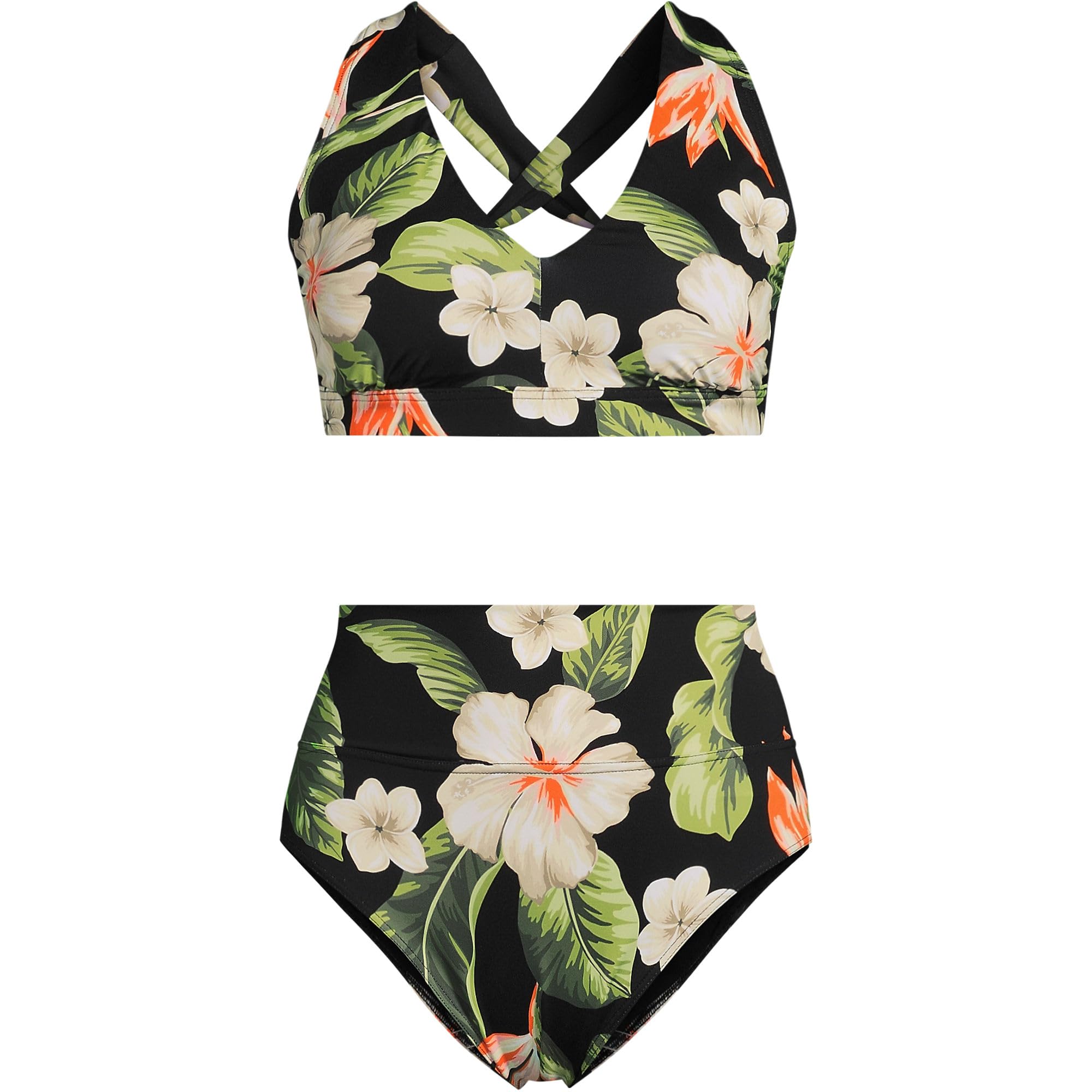 Lands' End Women's V-Neck Bikini and High Waisted Bottom Swimsuit Set X-Small Hibiscus Floral/Black