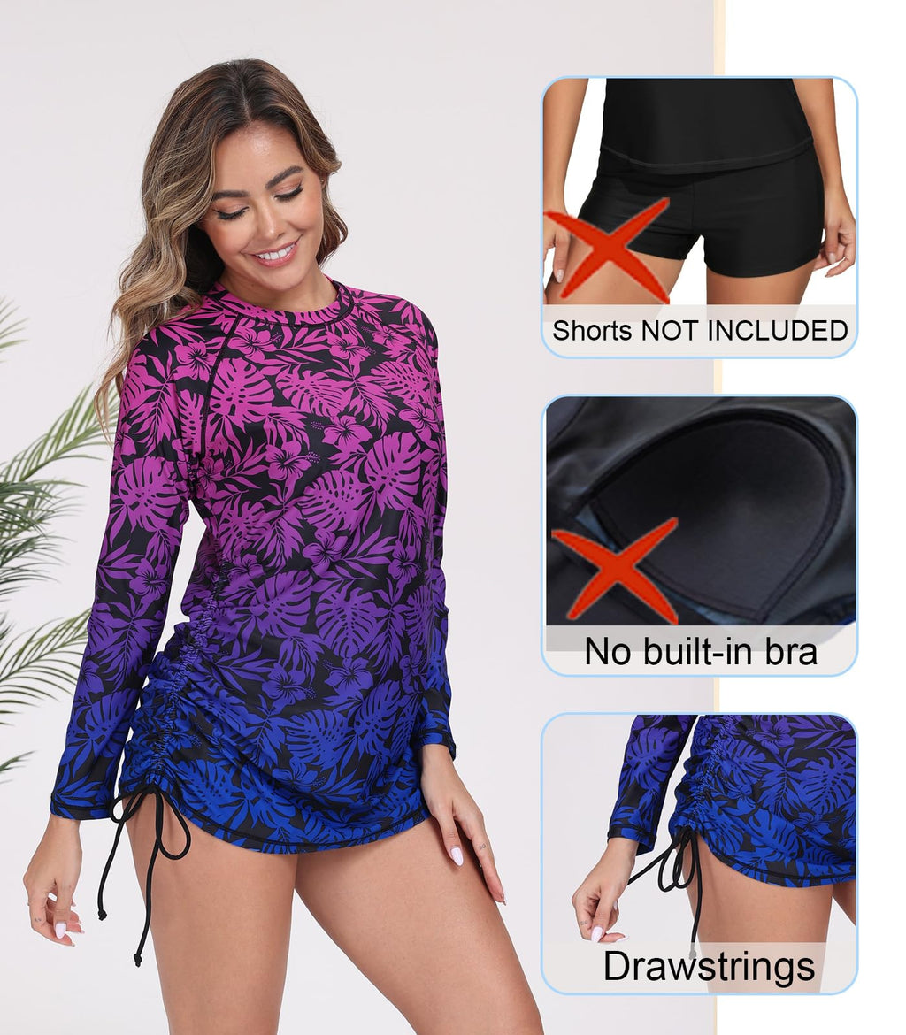 Halcurt Women's Long Sleeve Rash Guard Swim Shirt with Tie Drawstring UPF 50+ Sun Protection Swimsuit Top Ombre Palm Leaf M
