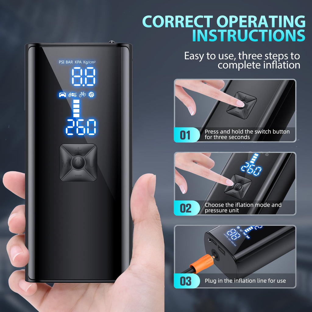 GJOSYOI Tire Inflator Portable Air Compressor, 2X Faster Inflation Air Pump with Tire Pressure Gauge and LED Light, 150 PSI Portable Compressor for Cars, Balls, Bikes and Motorcycles
