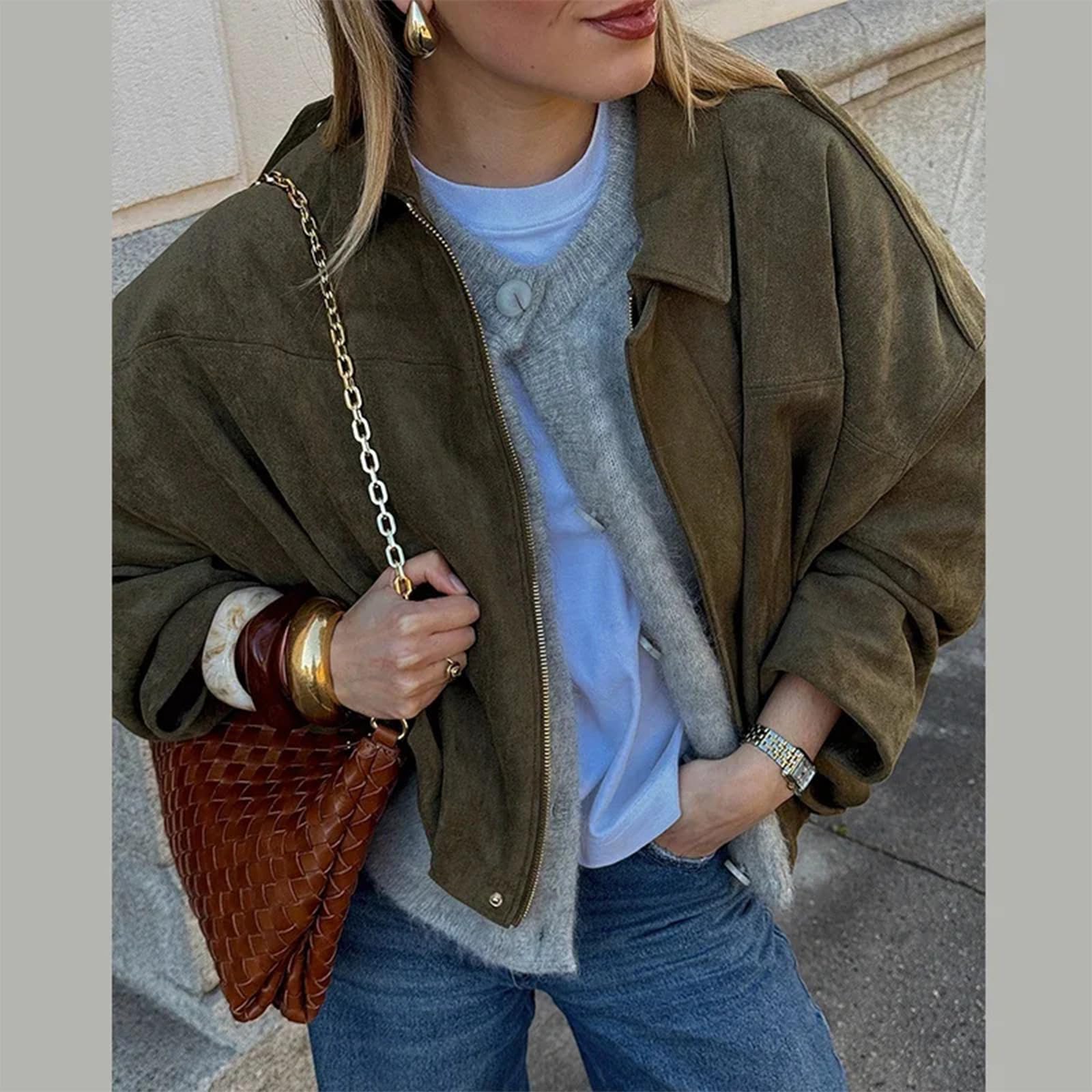 Csvinkiko Women's Faux Suede Bomber Jacket Oversized Pilot Coats Fall Lapel Zip Up Motorcycle Streetwear Outerwear(Army Green, X-Small)