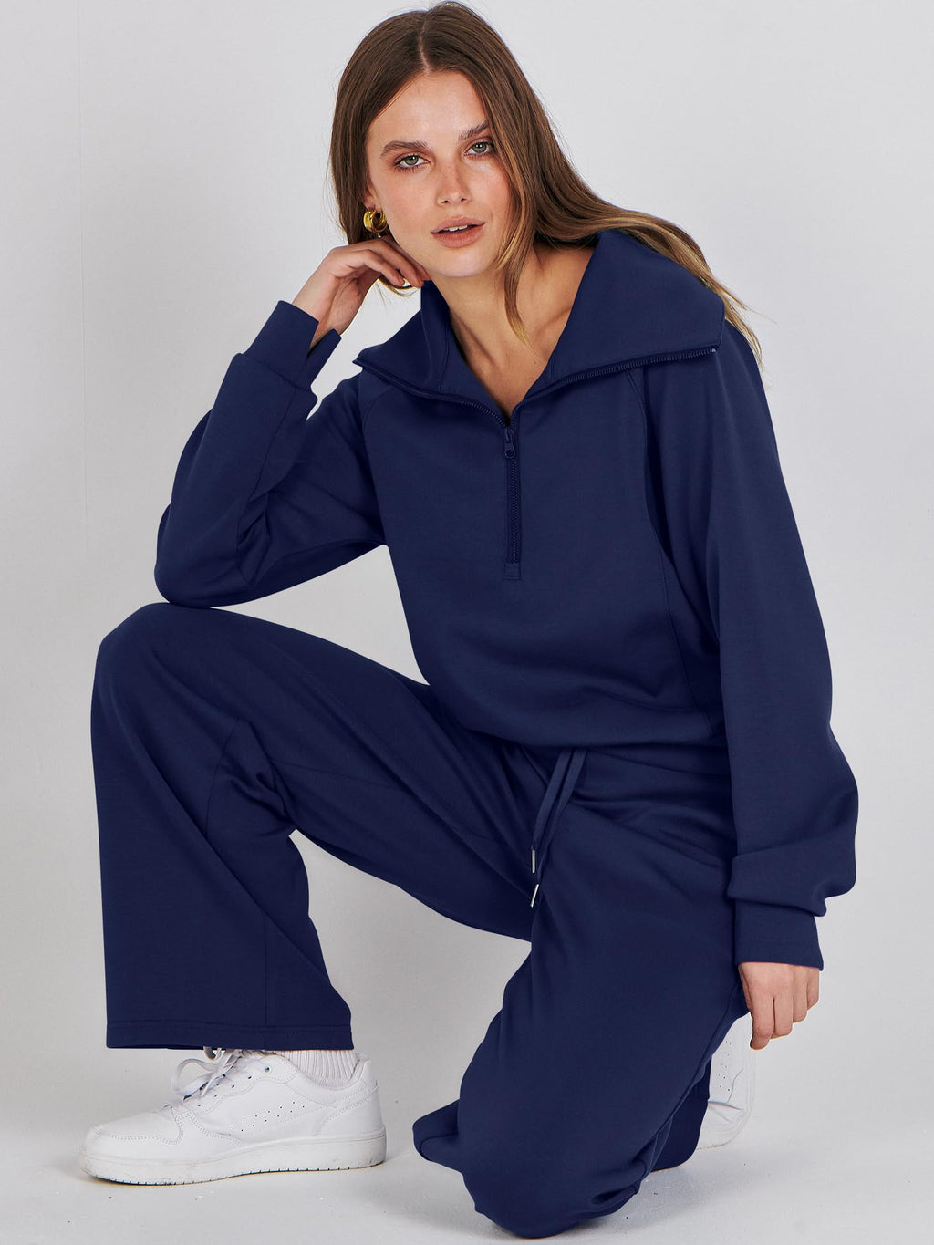 ANRABESS Women 2 Piece Outfits 2025 Fall Fashion Airport Wide Leg Pants Lounge Set Leisure Travel Vacation Clothes Sweatsuits Navy Blue Large