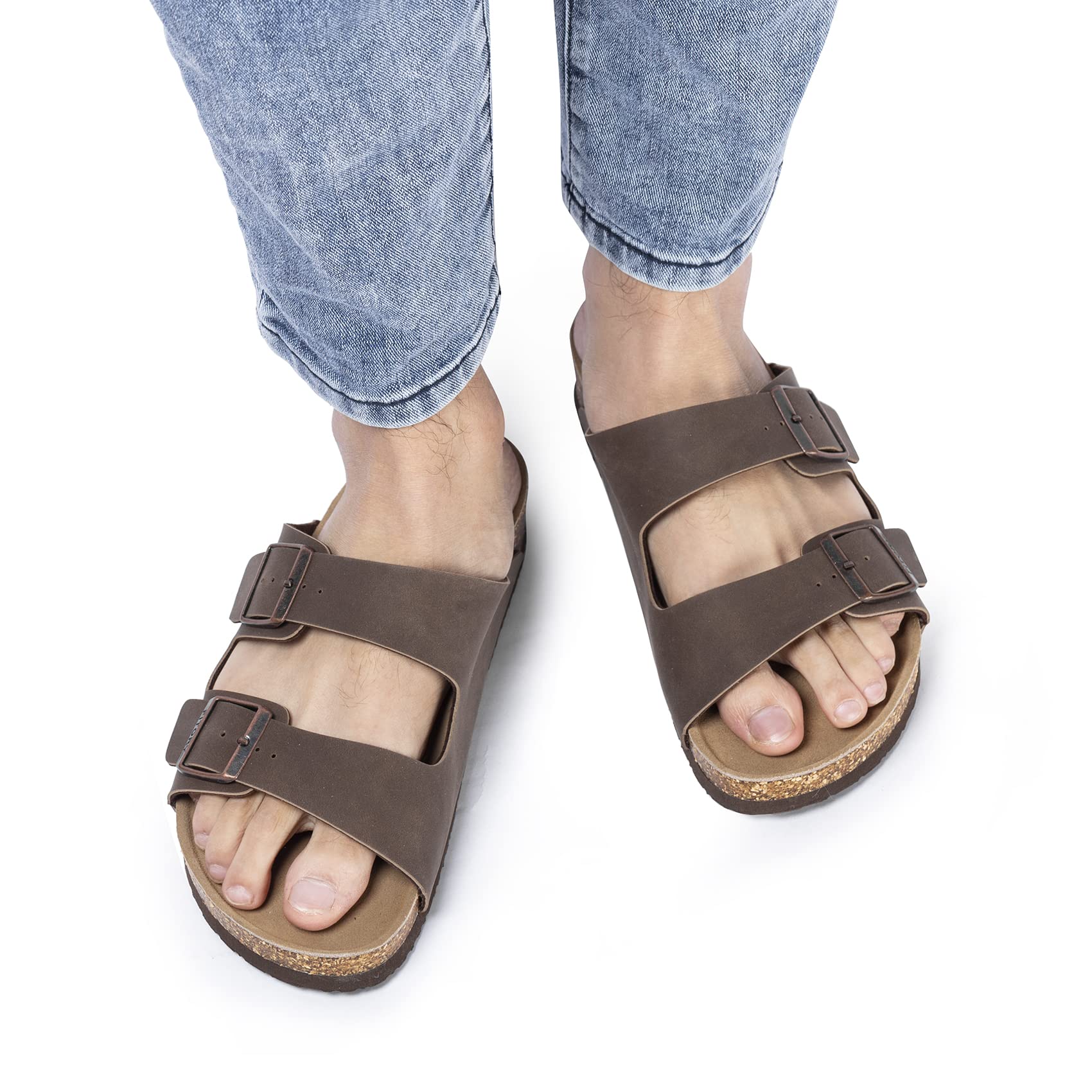 FITORY Mens Leather Insole Sandals with Two Buckles,Open Toe Slides for Indoor and Outdoor Brown Size 10-10.5