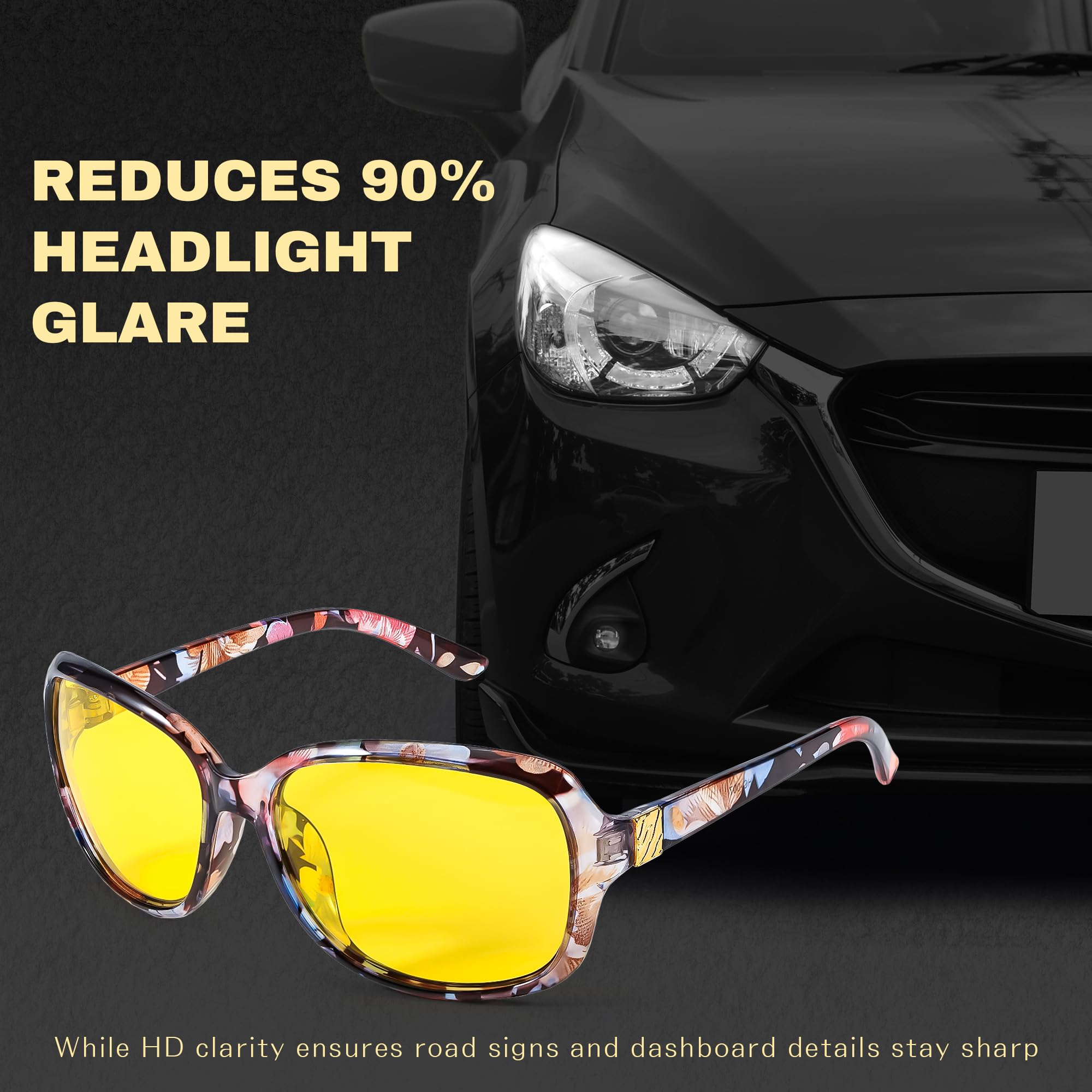 SIPHEW Night-Vision Glasses for Driving Women, Polarized Night-Driving Glasses- Anti-glare Yellow Lens for Nighttime (night-vision glasses, floral)