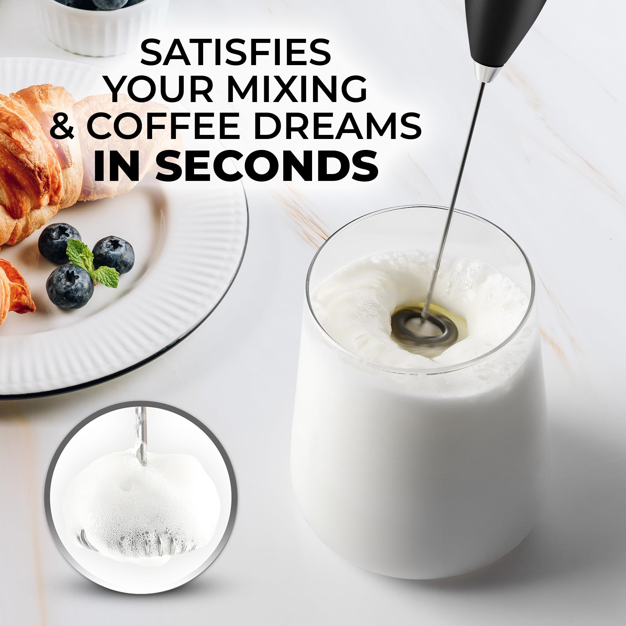 Zulay Kitchen Powerful Milk Frother Wand With 2 Duracell Batteries - Ultra Fast Handheld Drink Mixer - Electric Whisk Foam Maker for Coffee, Lattes, Cappuccino, Matcha, Hot Chocolate & Creamer - Black