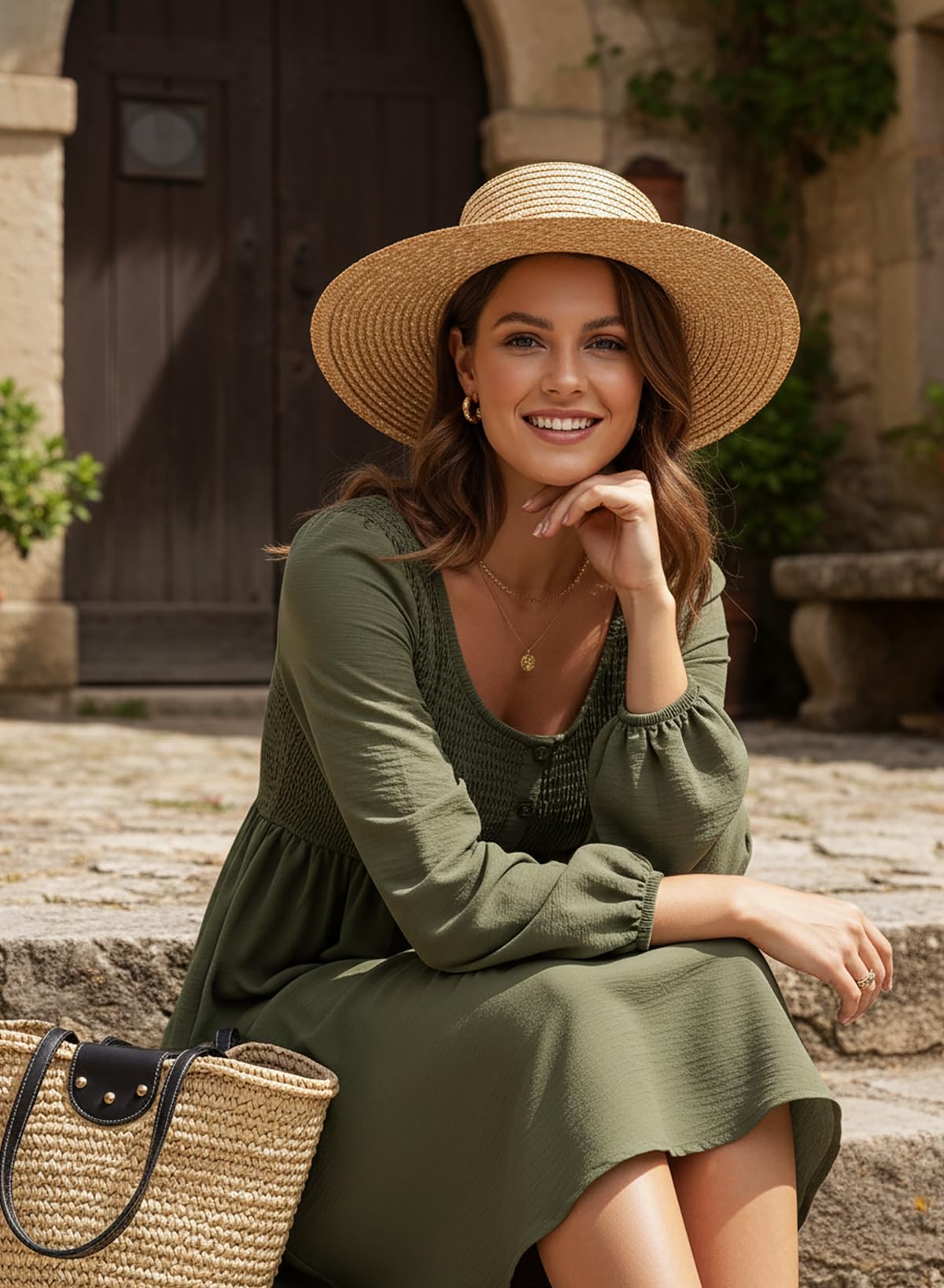 Dokotoo Casual Dresses for Women 2026 Spring Crewneck Long Sleeve Fashion Smocked A-line Flowy Hem Elegant Empire Waist Olive Green Dress Dresses Large