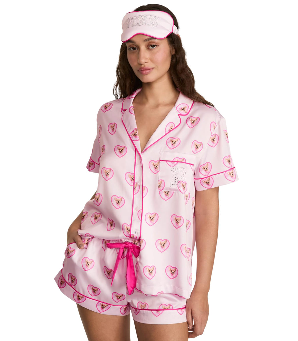 Victoria's Secret PINK | Elle 3-Piece Satin Eye Mask & Short Pajama Set, Pink Tulip Dog, M