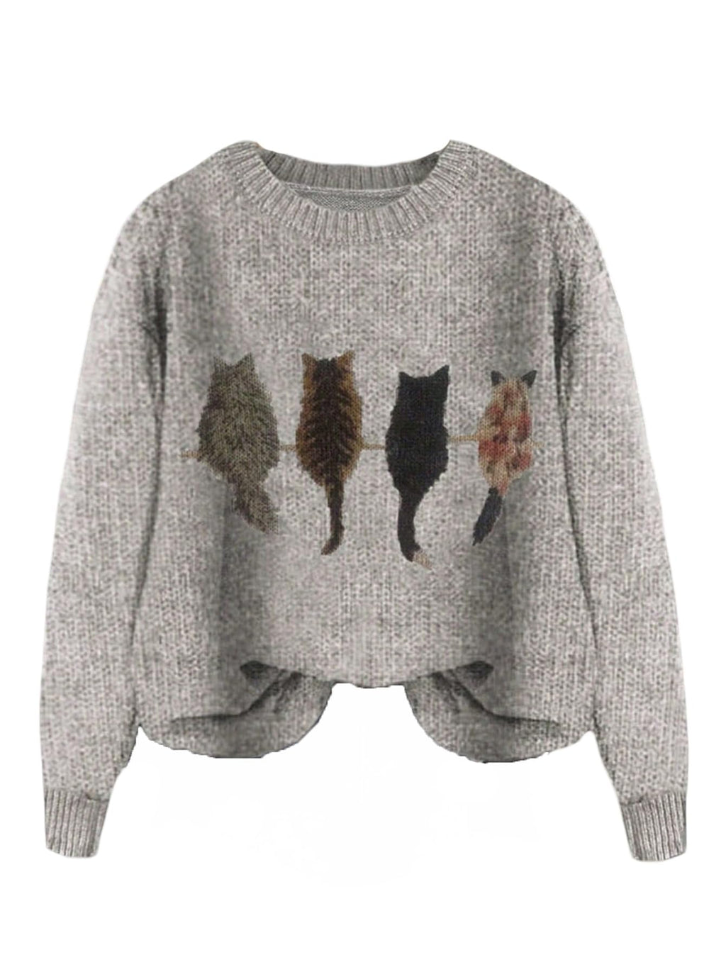 WDIRARA Women's Cat Graphic Sweater Long Sleeve Crew Neck Knit Tops Casual Knitwear Grey Small