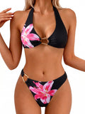 Fanuerg Women's Halter V Neck Bikini Sets Ring Linked Two Piece Swimsuit Cheeky Swim Bathing Suit 2026 Pink Floral Print XS