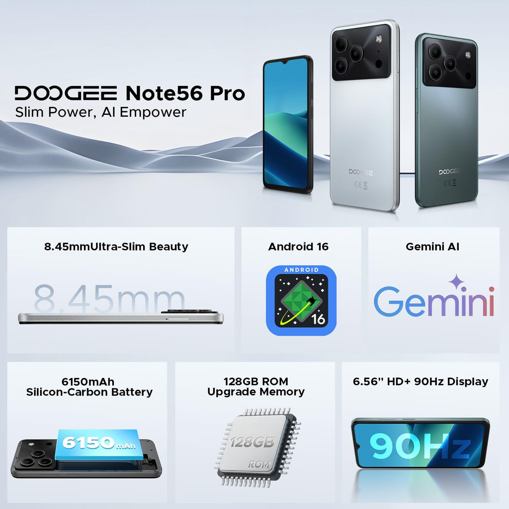 DOOGEE Note 56 Pro Android 16 Unlocked Phone with Gemimi AI,32GB+128GB/2TB Cell Phone,6150mAh Battery,6.56''HD+90Hz IPS,Dual SIM Octa Core Smartphone,Dual Camera/8.45mm Ultra-Slim/NFC/OTG/Face ID