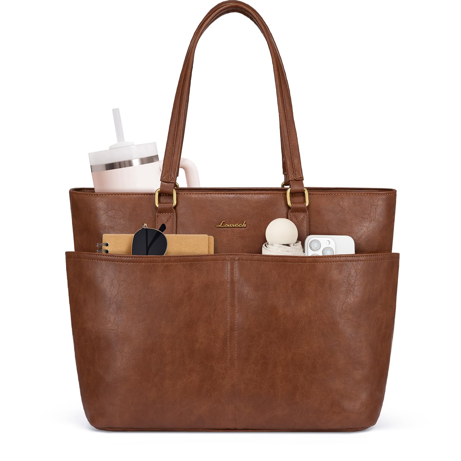 LOVEVOOK 15.6 Inch Laptop Bag for Women, Vintage Leather Work Tote Bags with Large Cup Holder, Teacher Nurse Medical Professional Computer Bag, Office Briefcase Handbag Gift