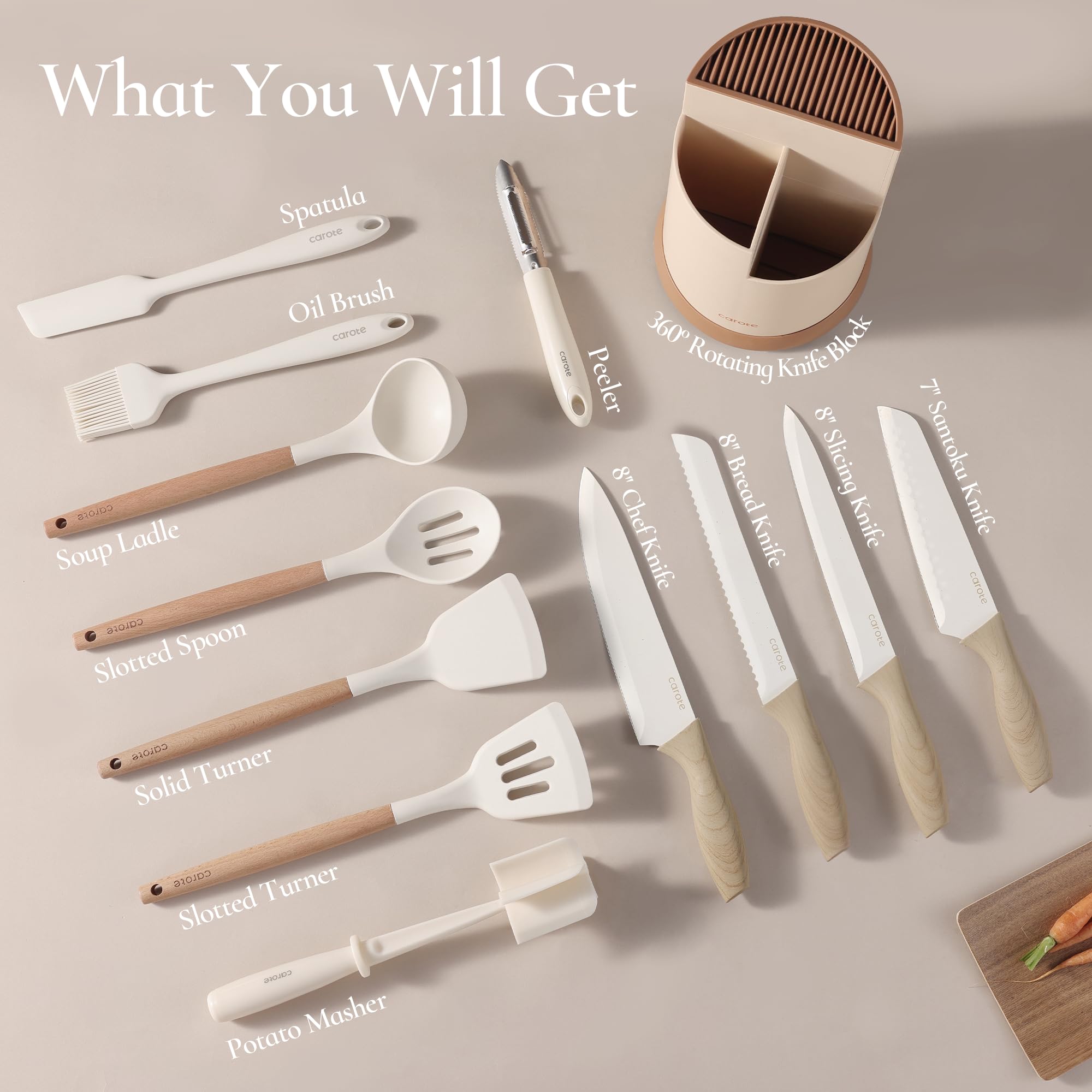 CAROTE 13Pcs Kitchen Utensils Set with 360 Rotating Knife Block, Heat Resistant Cooking Utensils with Wooden Handle, Nonstick Ceramic Surface, Cream White