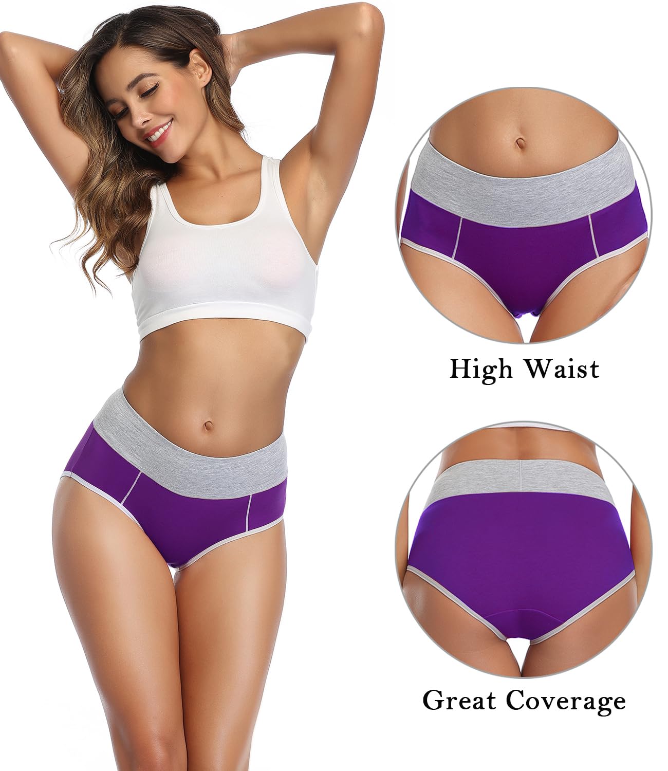 wirarpa Women's Cotton Underwear High Waist Stretch Briefs Soft Underpants Ladies Full Coverage Panties 5 Pack Black Purple White Navy Red Large