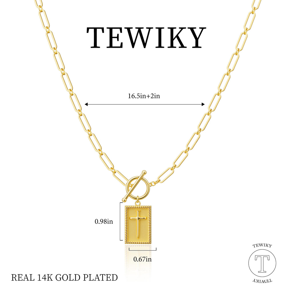 Tewiky 14K Gold Plated Cross Necklace for Women Trendy Chunky Cross Pendant Necklace Toggle Clasp Paperclip Chain Charm Necklaces for Women Jewelry Gift Christian Religious Baptism
